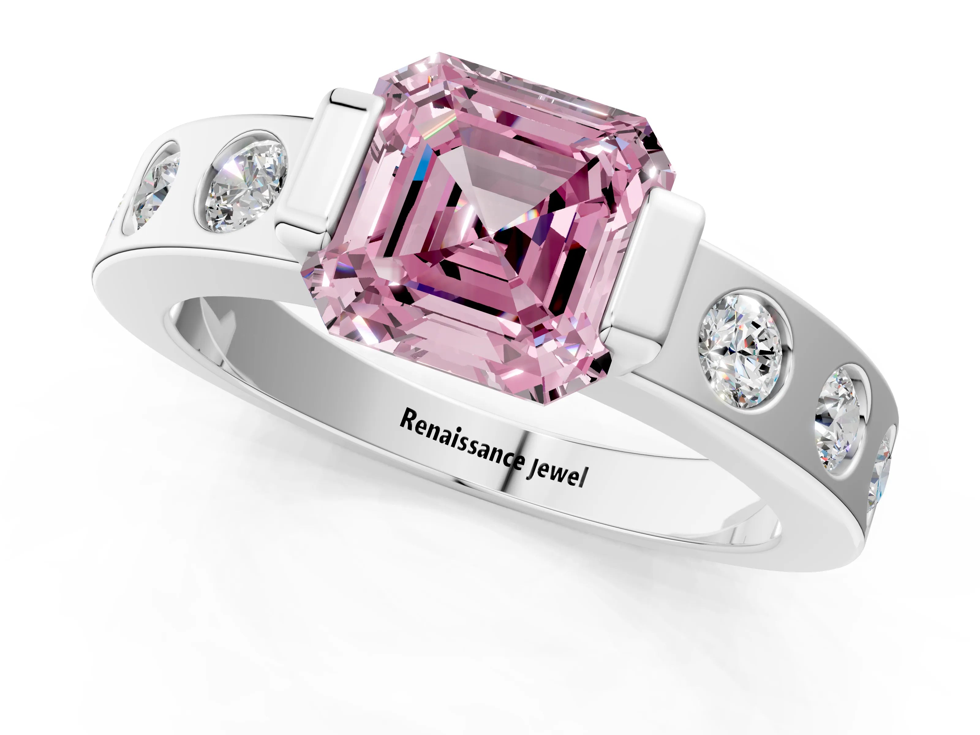 White gold Fancy Pink Asscher Cut Brilliant Channel-Set Diamond Ring with Bezel Prong Setting_13