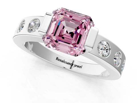 White gold Fancy Pink Asscher Cut Brilliant Channel-Set Diamond Ring with Bezel Prong Setting_13