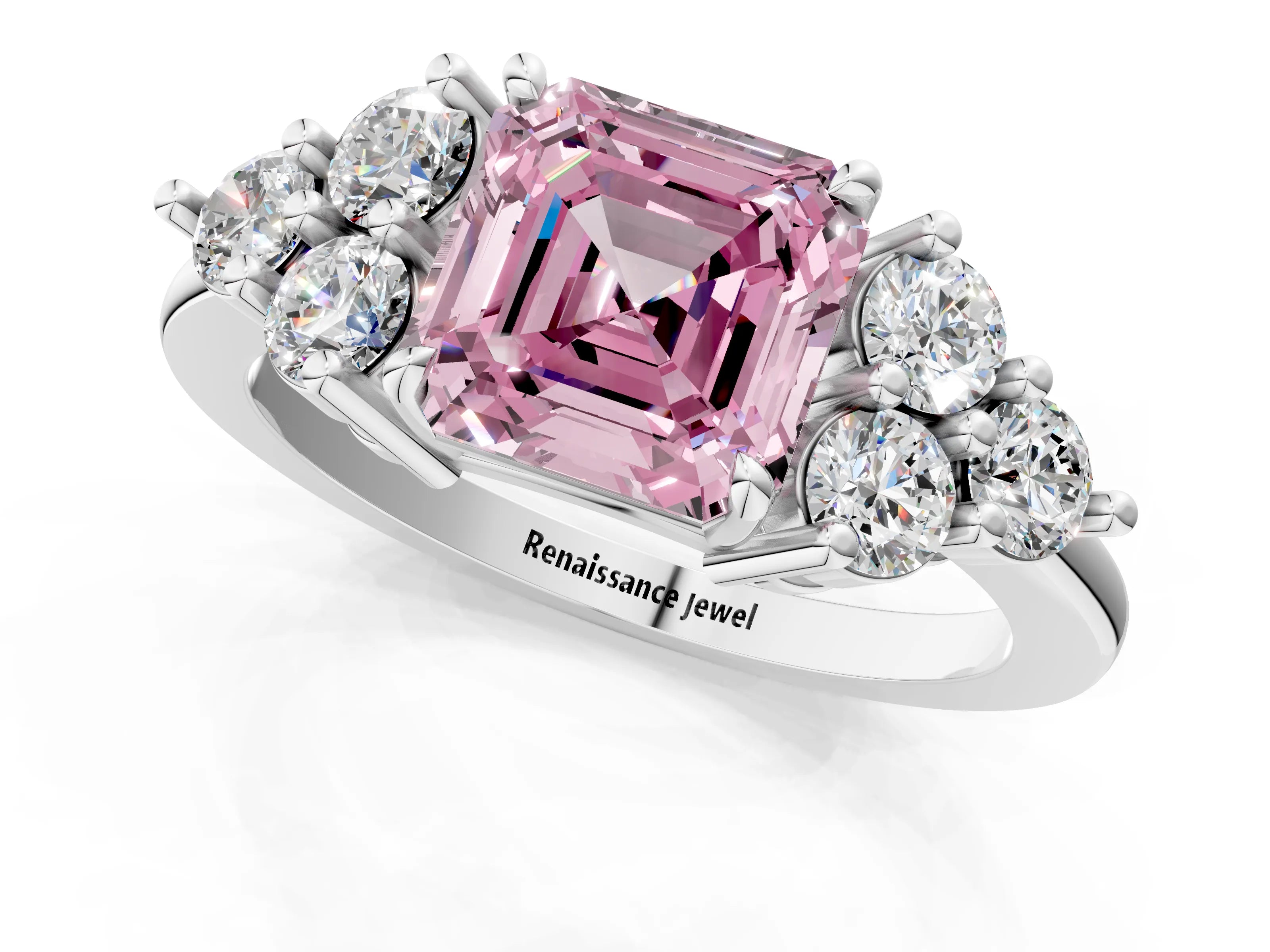 White gold Fancy Pink Asscher Cut Brilliant Diamond Cluster Accent Solitaire Ring with Prong Setting_1