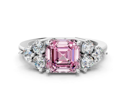 White gold Fancy Pink Asscher Cut Brilliant Diamond Cluster Accent Solitaire Ring with Prong Setting