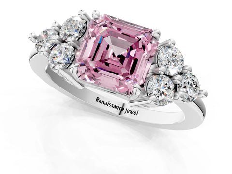 White gold Fancy Pink Asscher Cut Brilliant Diamond Cluster Accent Solitaire Ring with Prong Setting_1