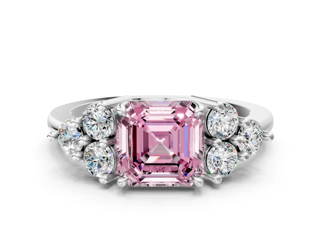 White gold Fancy Pink Asscher Cut Brilliant Diamond Cluster Accent Solitaire Ring with Prong Setting_24