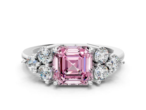 White gold Fancy Pink Asscher Cut Brilliant Diamond Cluster Accent Solitaire Ring with Prong Setting_24