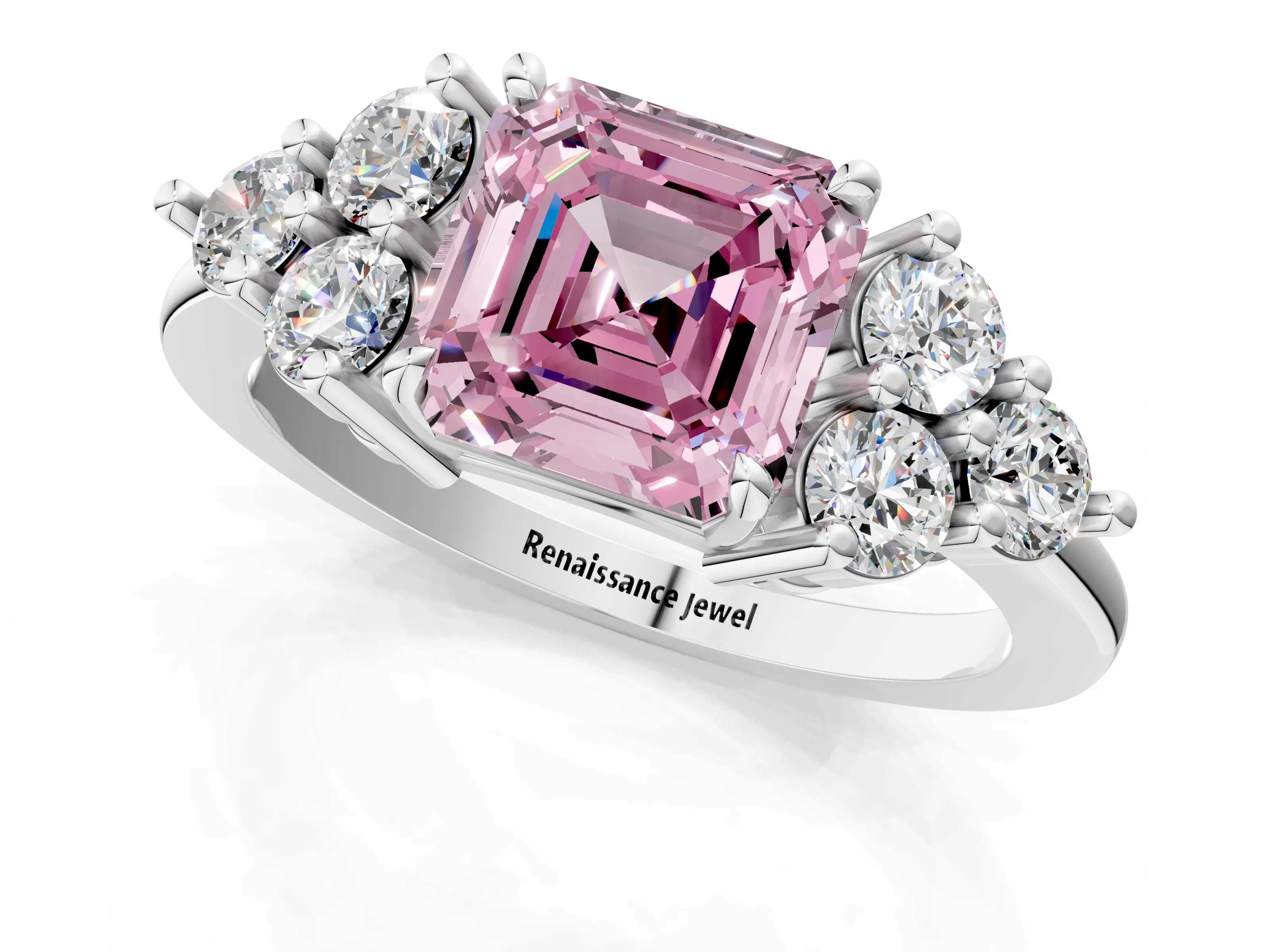 White gold Fancy Pink Asscher Cut Brilliant Diamond Cluster Accent Solitaire Ring with Prong Setting_25