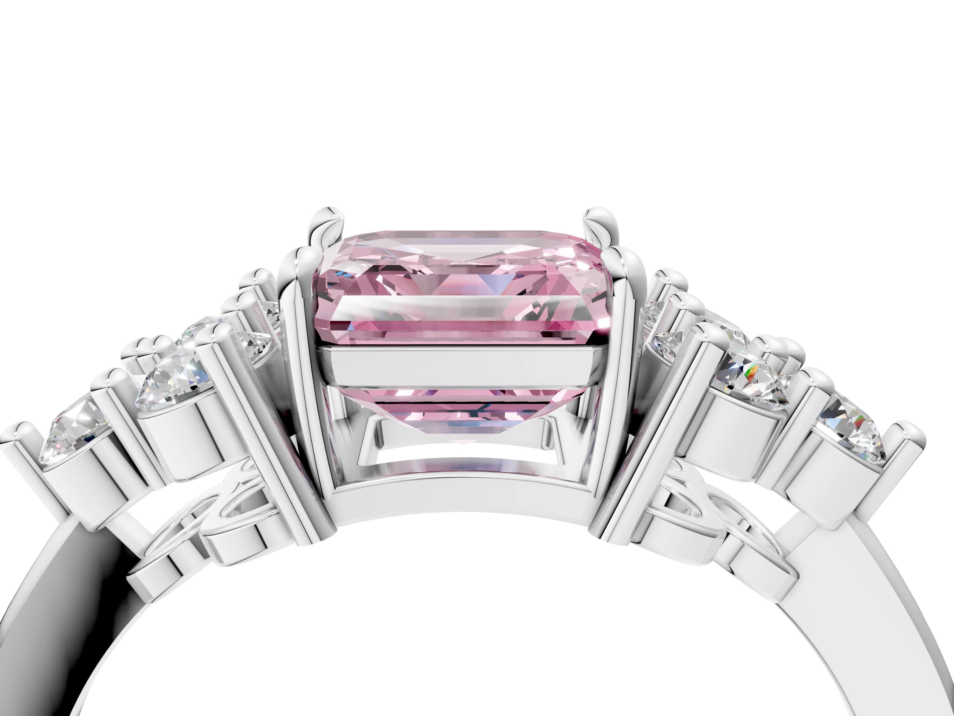 White gold Fancy Pink Asscher Cut Brilliant Diamond Cluster Accent Solitaire Ring with Prong Setting_28