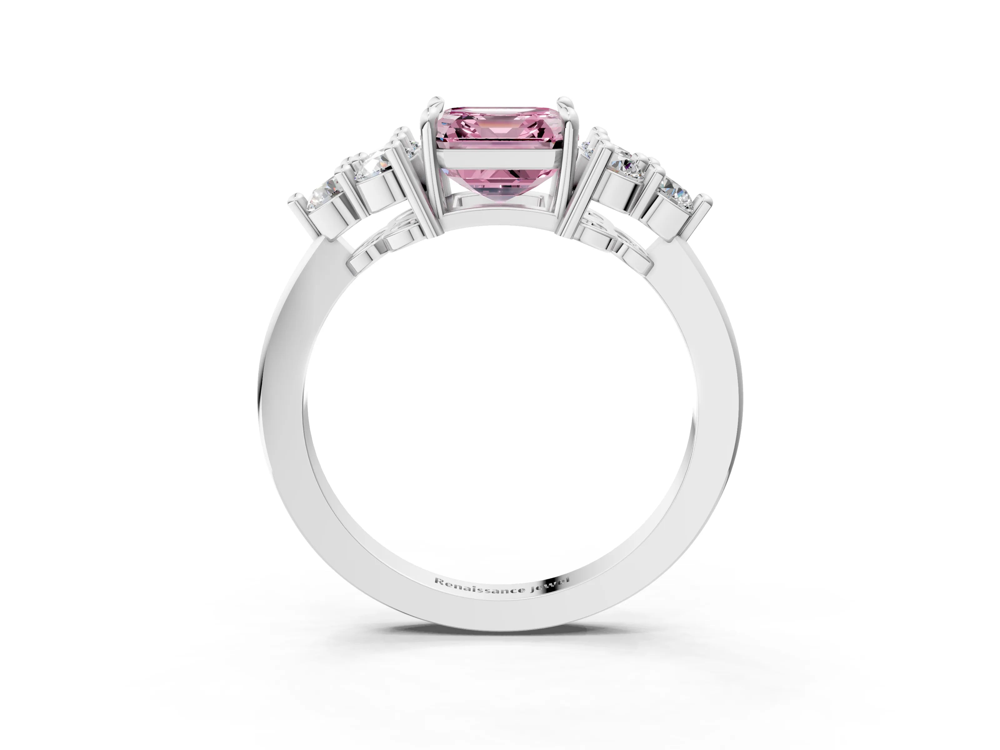 White gold Fancy Pink Asscher Cut Brilliant Diamond Cluster Accent Solitaire Ring with Prong Setting_3