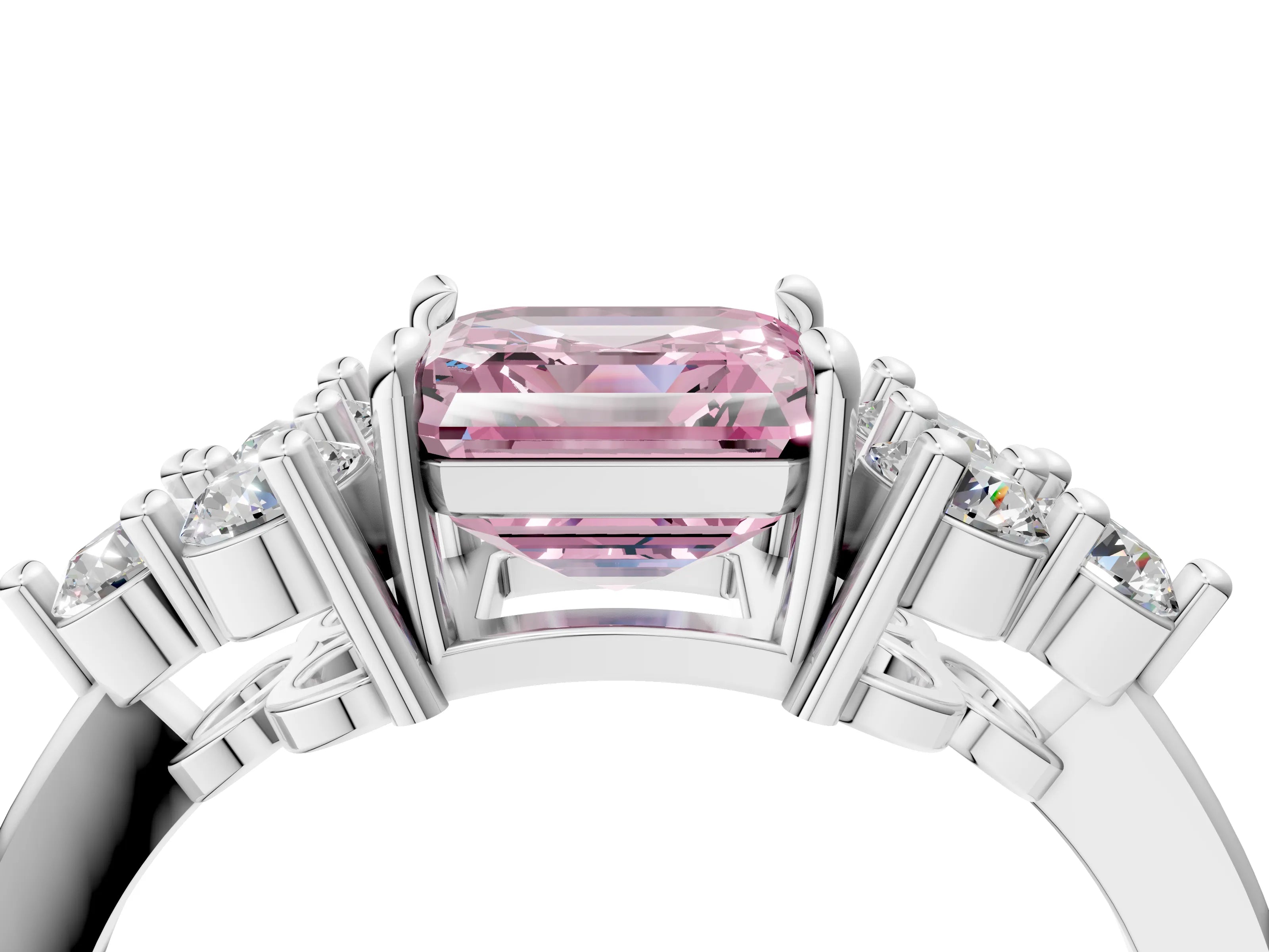 White gold Fancy Pink Asscher Cut Brilliant Diamond Cluster Accent Solitaire Ring with Prong Setting_4