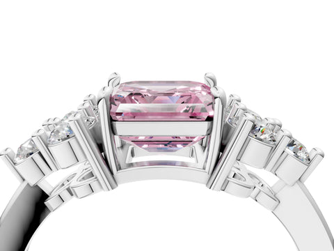 White gold Fancy Pink Asscher Cut Brilliant Diamond Cluster Accent Solitaire Ring with Prong Setting_4