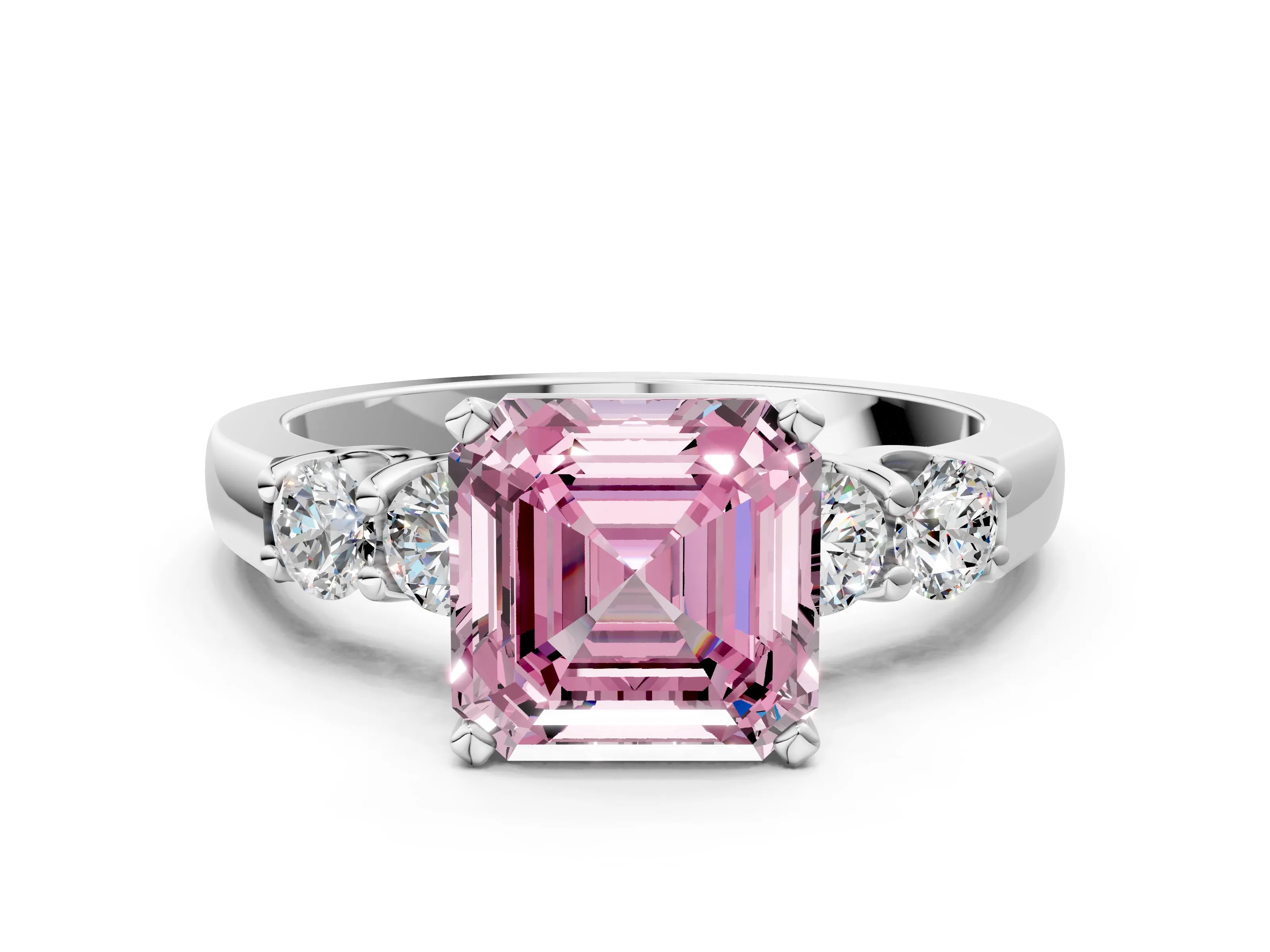 White gold Fancy Pink Asscher Cut Brilliant Diamond Five-Stone Engagement Ring with Prong Setting on a Classic Band_3