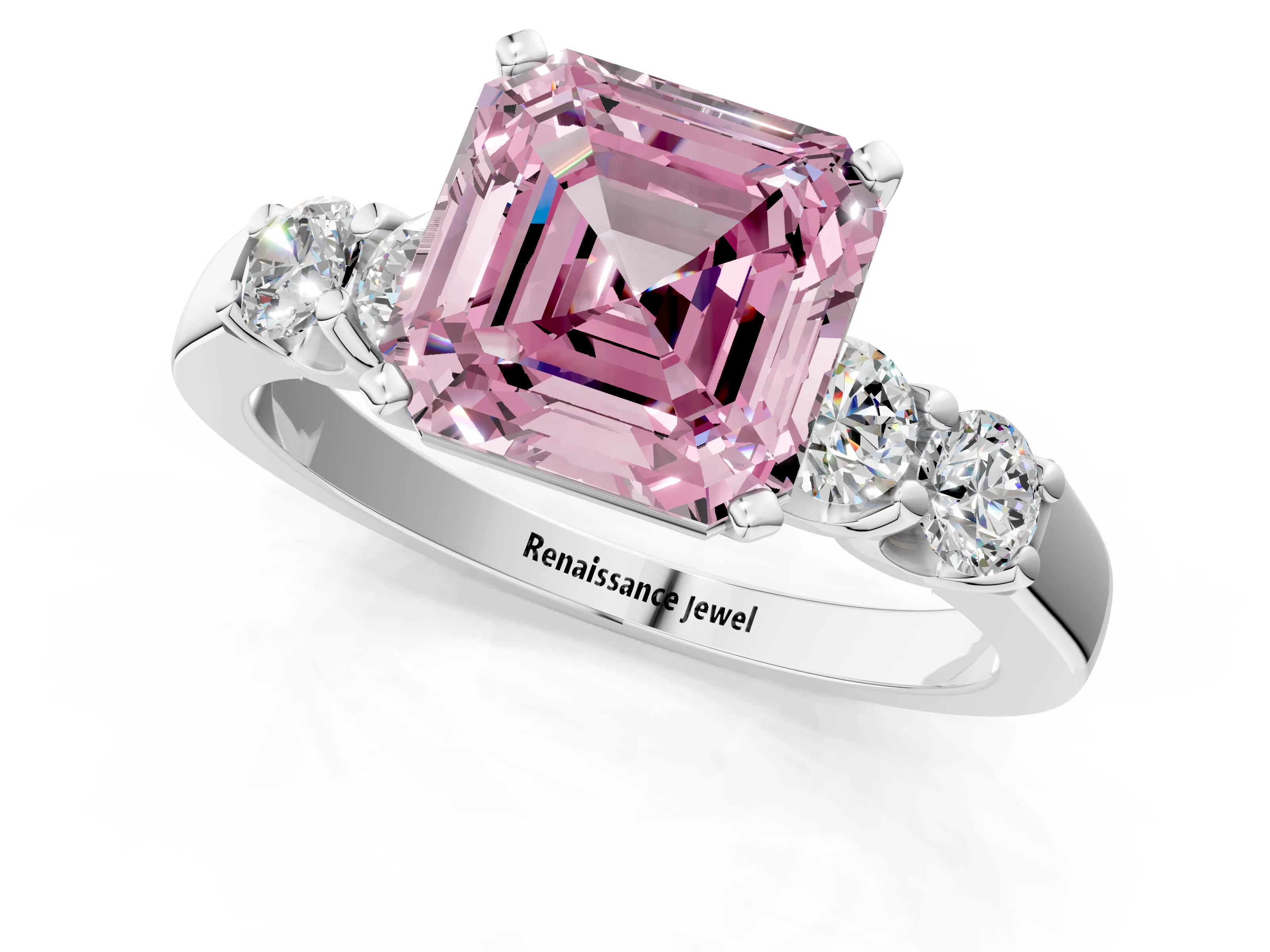 White gold Fancy Pink Asscher Cut Brilliant Diamond Five-Stone Engagement Ring with Prong Setting on a Classic Band_4