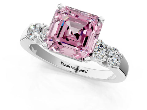 White gold Fancy Pink Asscher Cut Brilliant Diamond Five-Stone Engagement Ring with Prong Setting on a Classic Band_4