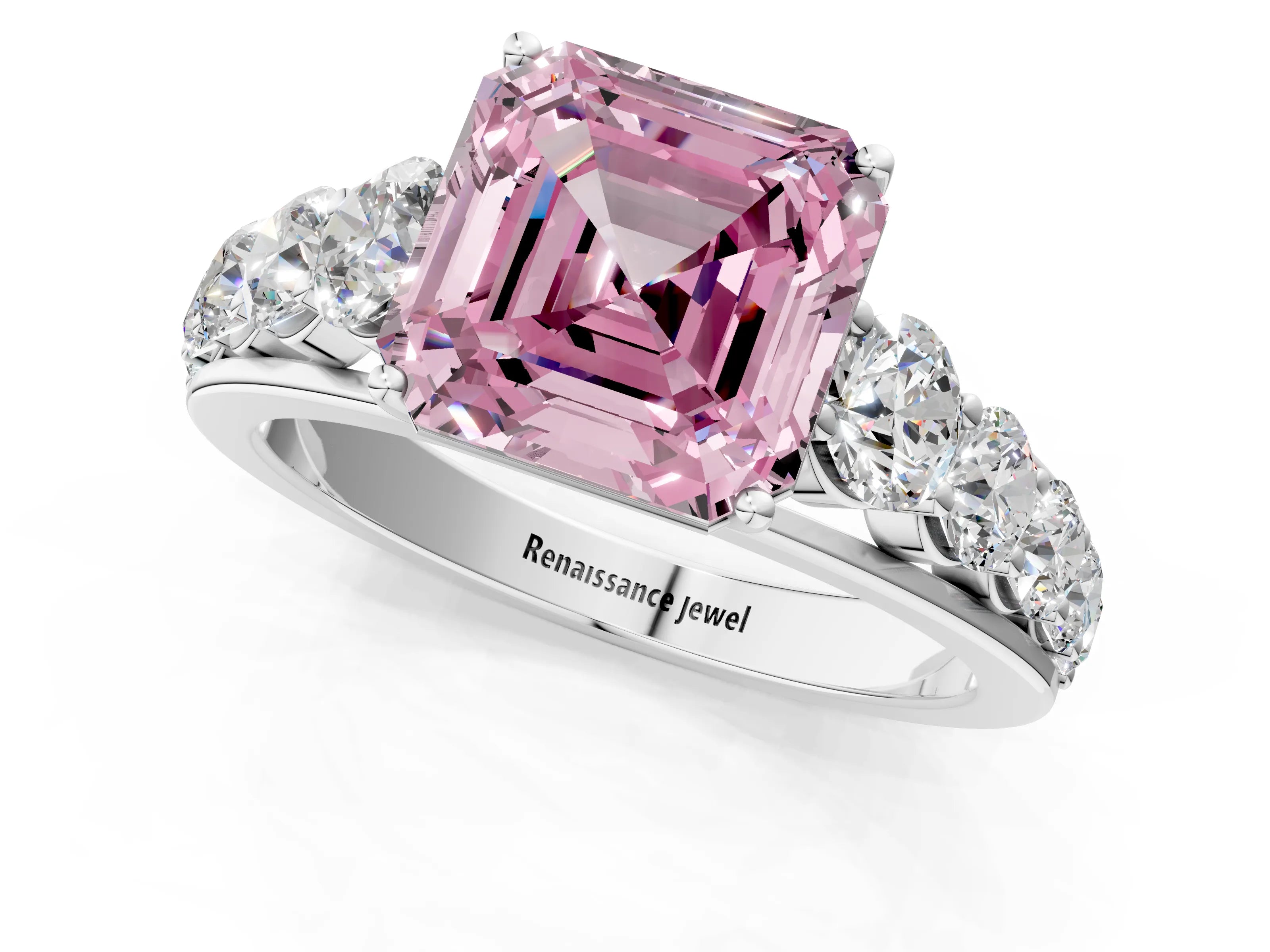 White gold Fancy Pink Asscher Cut Brilliant Diamond Pavé Band with Six-Prong Setting_1