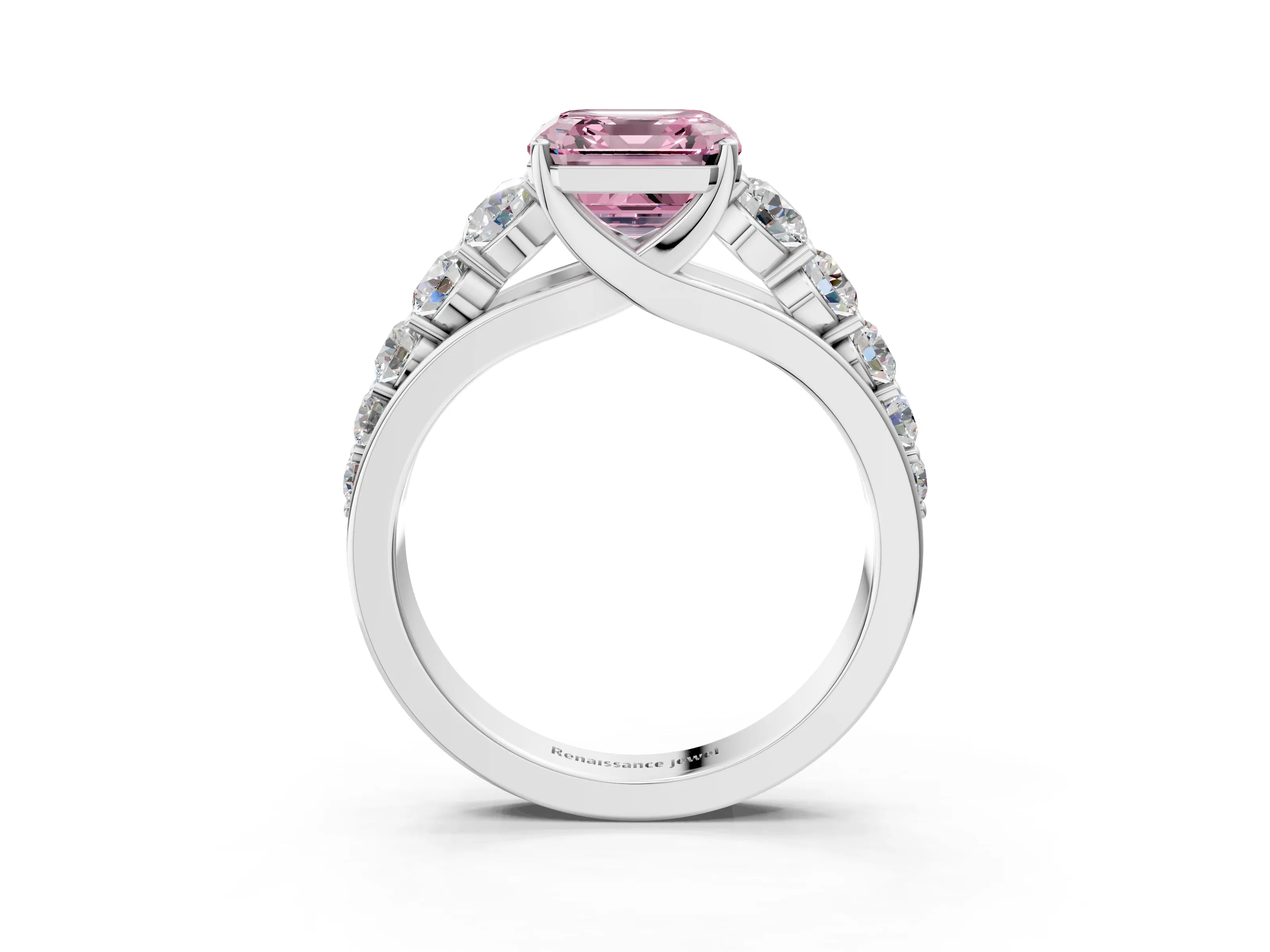 White gold Fancy Pink Asscher Cut Brilliant Diamond Pavé Band with Six-Prong Setting_3