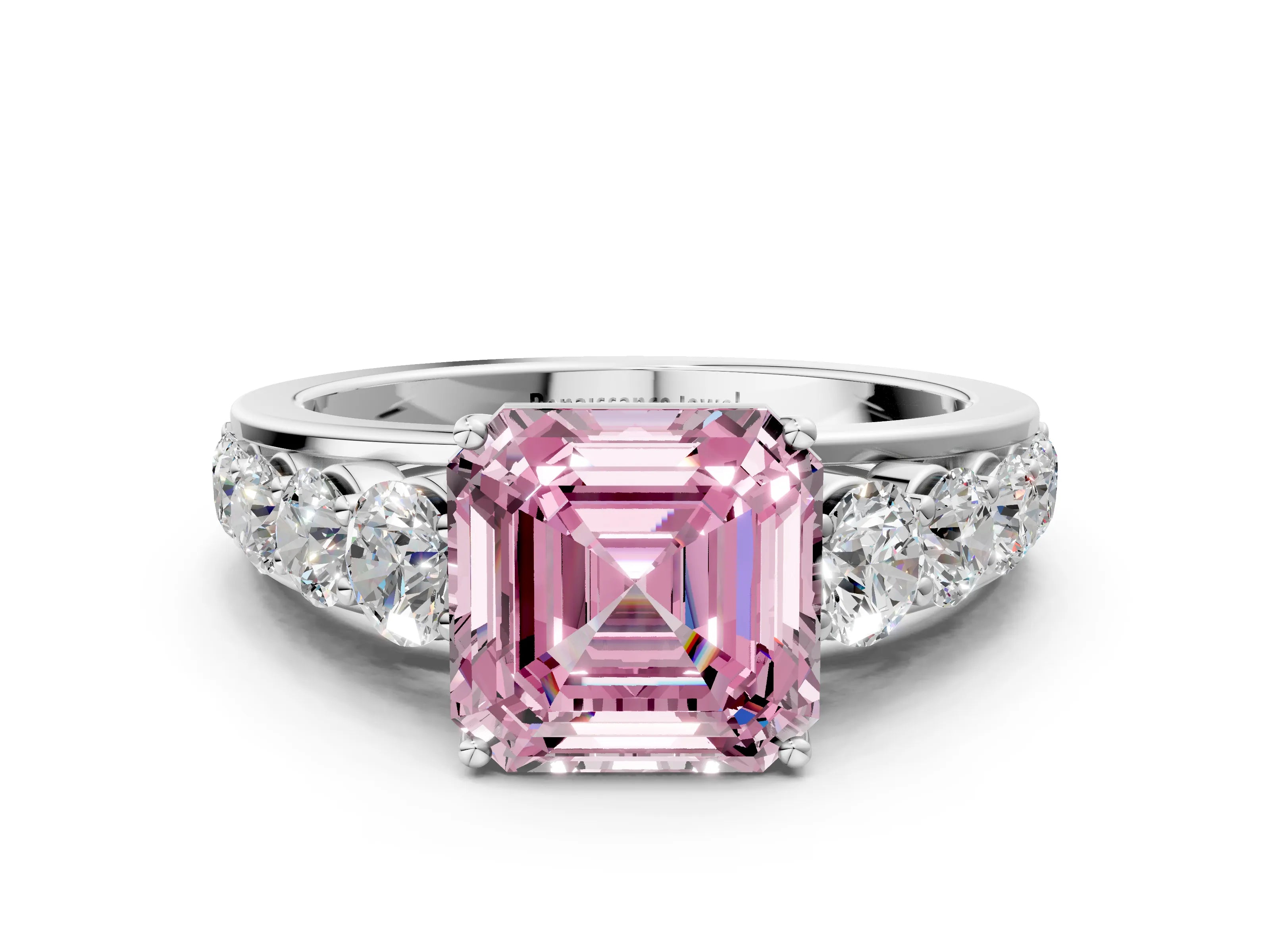 White gold Fancy Pink Asscher Cut Brilliant Diamond Pavé Band with Six-Prong Setting