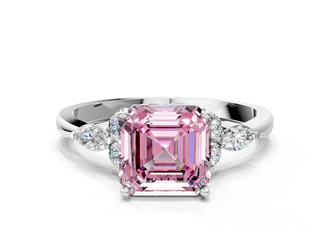 White gold Fancy Pink Asscher Cut Brilliant Diamond Solitaire Ring with Pear Side Stones and Four-Prong Setting_42
