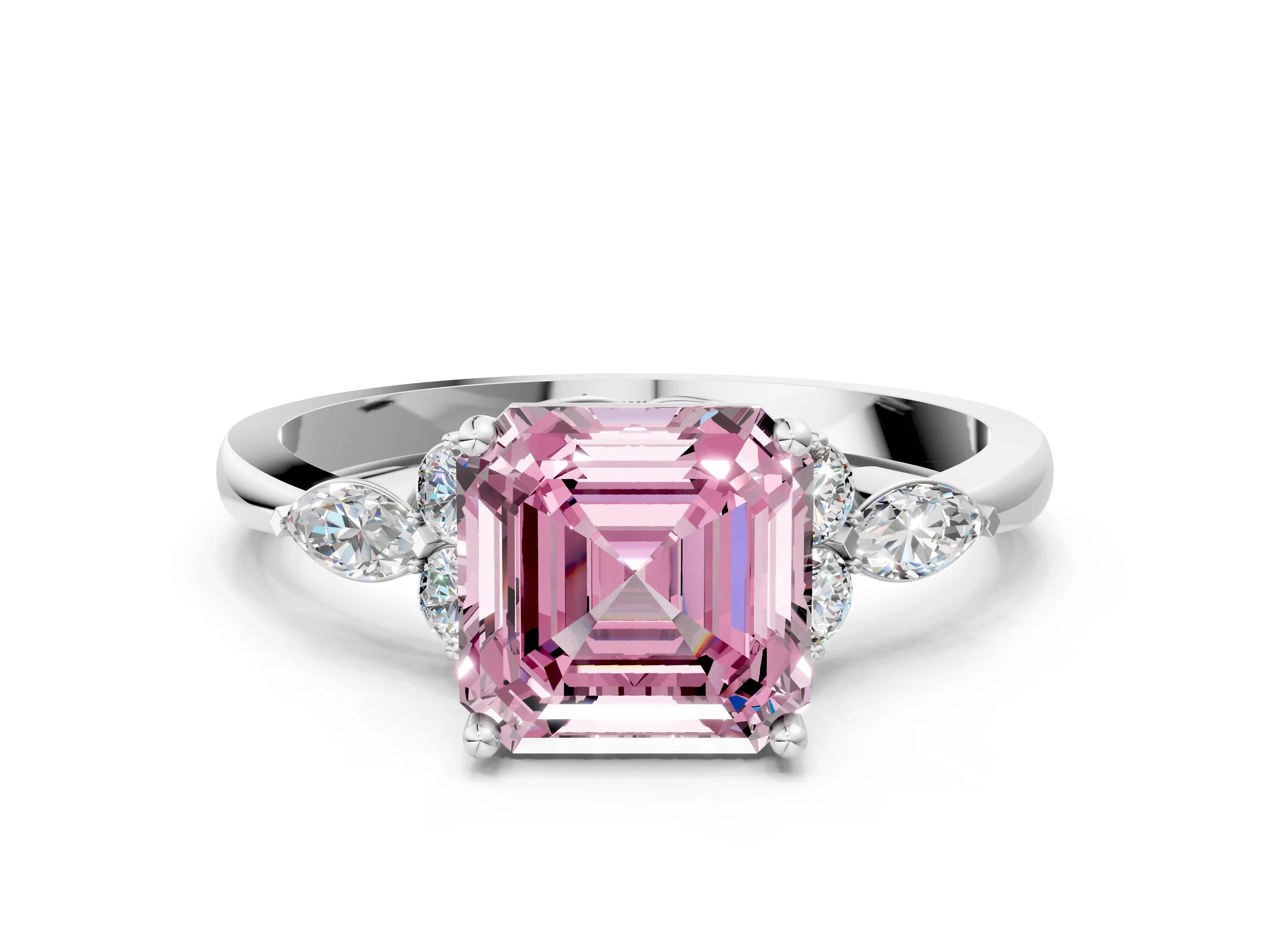 White gold Fancy Pink Asscher Cut Brilliant Diamond Solitaire Ring with Pear Side Stones and Four-Prong Setting_6