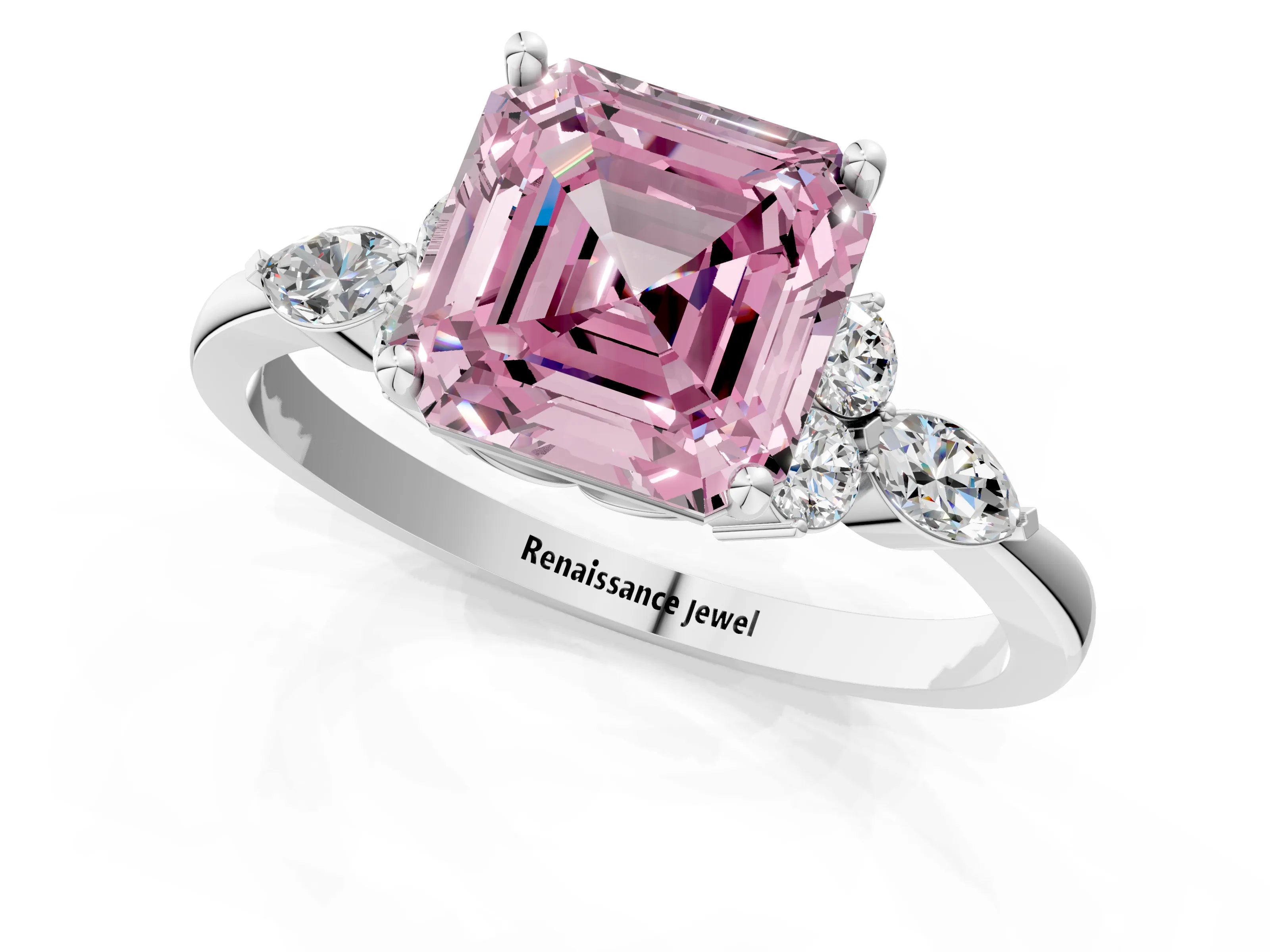 White gold Fancy Pink Asscher Cut Brilliant Diamond Solitaire Ring with Pear Side Stones and Four-Prong Setting_7