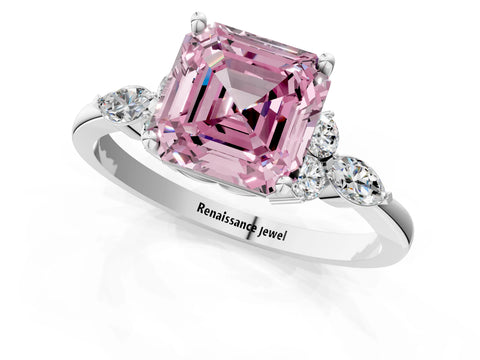 White gold Fancy Pink Asscher Cut Brilliant Diamond Solitaire Ring with Pear Side Stones and Four-Prong Setting_7