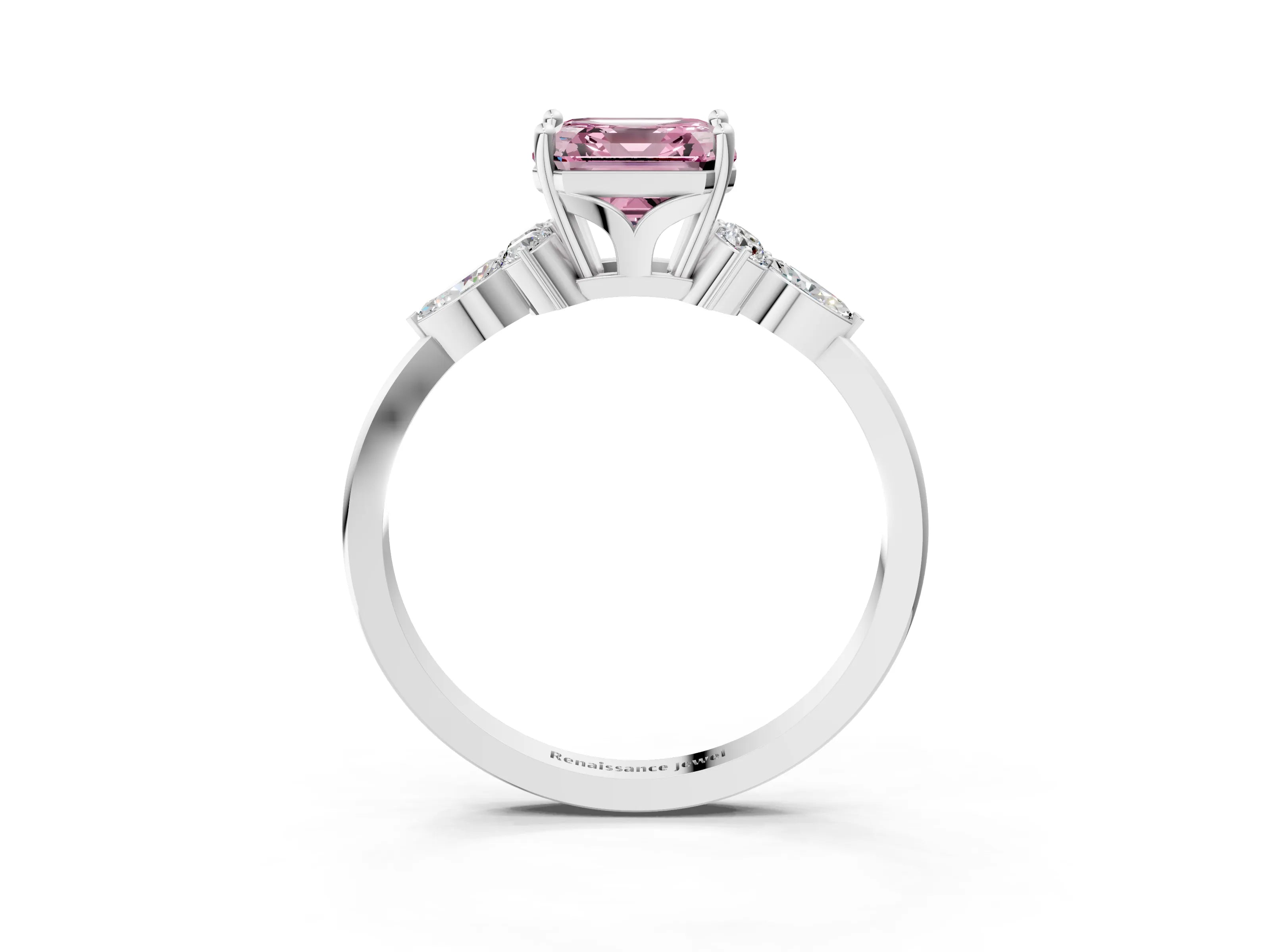 White gold Fancy Pink Asscher Cut Brilliant Diamond Solitaire Ring with Pear Side Stones and Four-Prong Setting_9