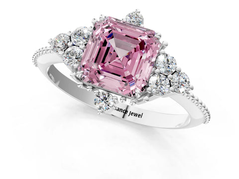 White gold Fancy Pink Asscher Cut Brilliant Diamond with Cluster Setting on a Beaded Band and Four-Prong Setting_1