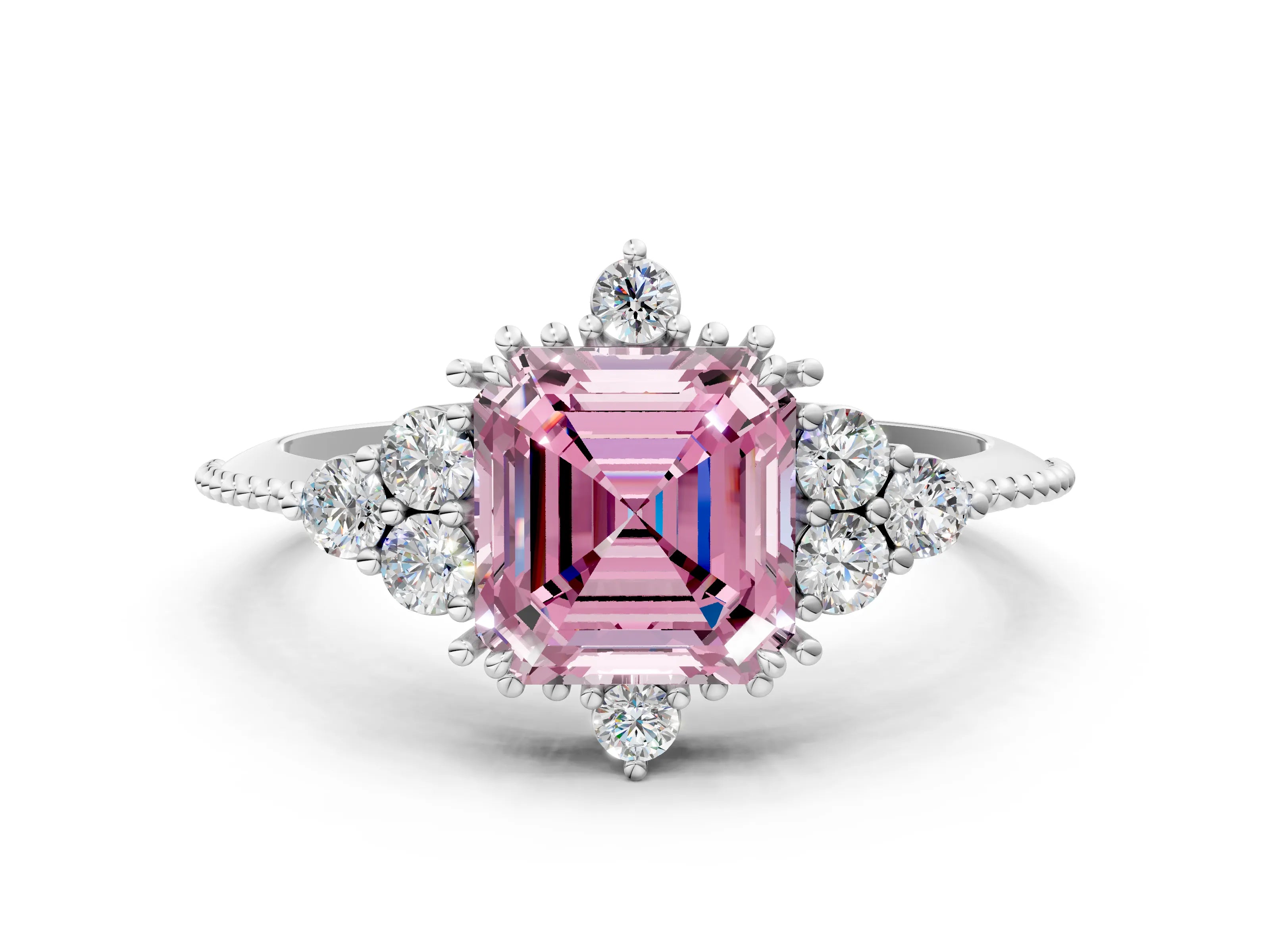 White gold Fancy Pink Asscher Cut Brilliant Diamond with Cluster Setting on a Beaded Band and Four-Prong Setting_24