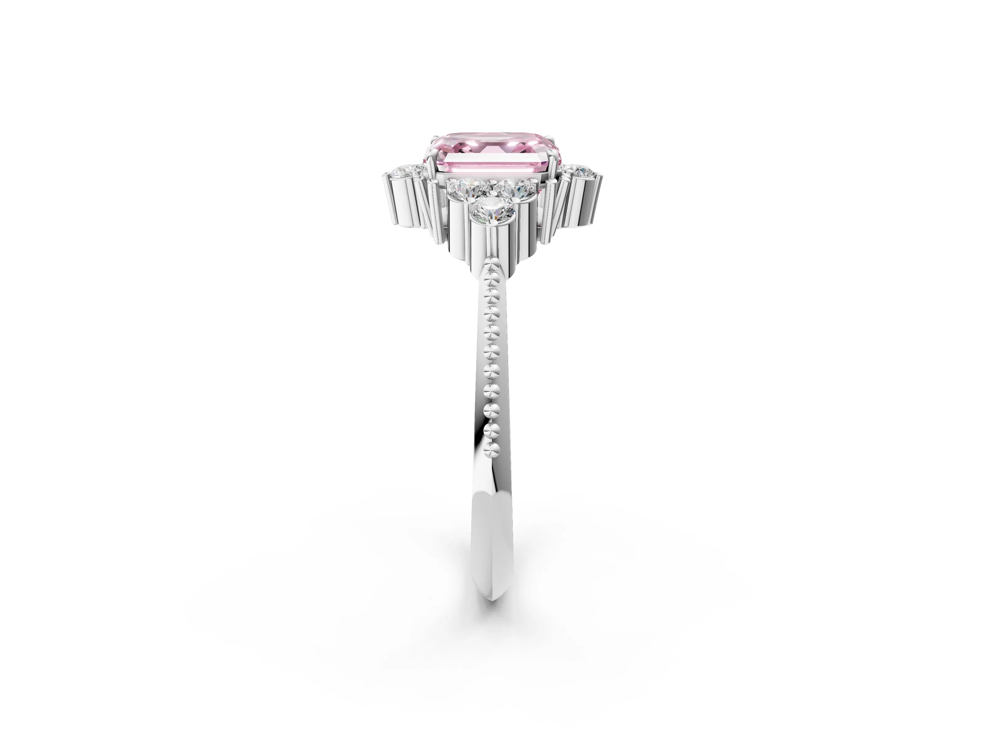 White gold Fancy Pink Asscher Cut Brilliant Diamond with Cluster Setting on a Beaded Band and Four-Prong Setting_2