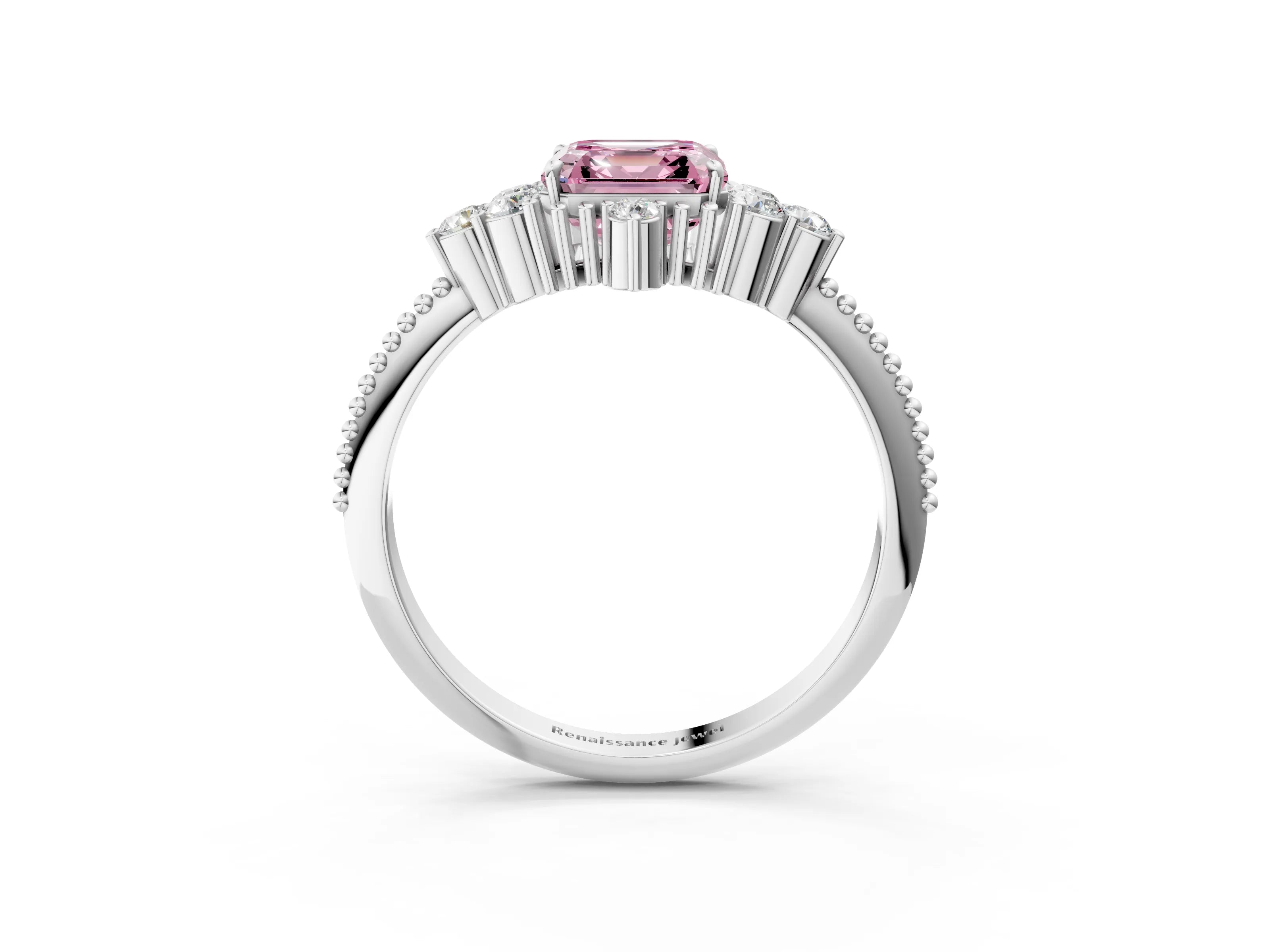 White gold Fancy Pink Asscher Cut Brilliant Diamond with Cluster Setting on a Beaded Band and Four-Prong Setting_3