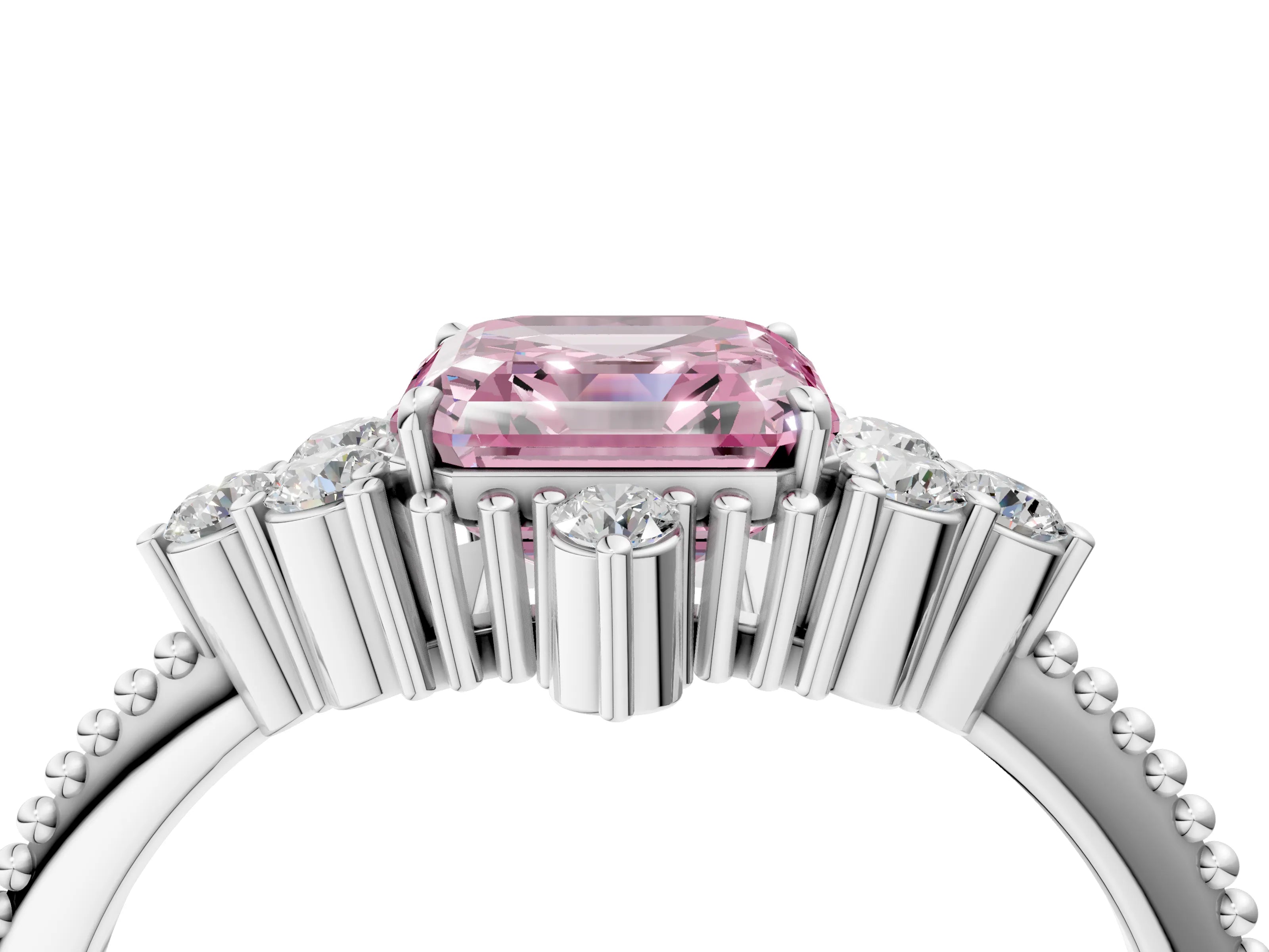 White gold Fancy Pink Asscher Cut Brilliant Diamond with Cluster Setting on a Beaded Band and Four-Prong Setting_4