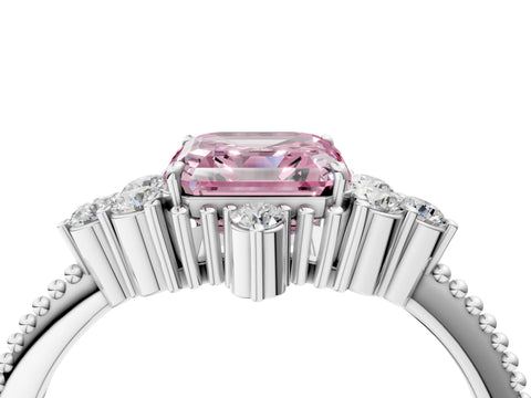 White gold Fancy Pink Asscher Cut Brilliant Diamond with Cluster Setting on a Beaded Band and Four-Prong Setting_4