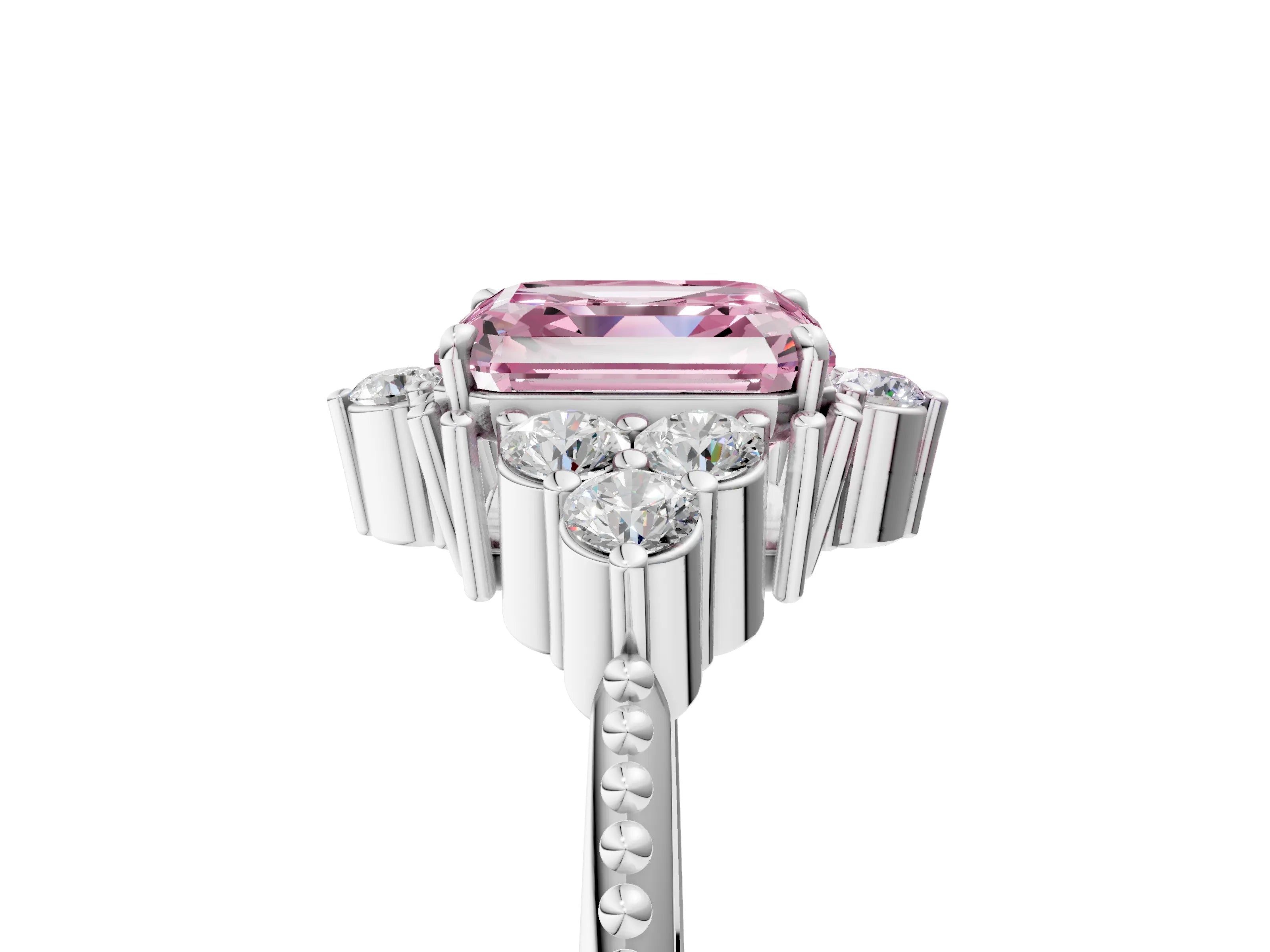 White gold Fancy Pink Asscher Cut Brilliant Diamond with Cluster Setting on a Beaded Band and Four-Prong Setting_5