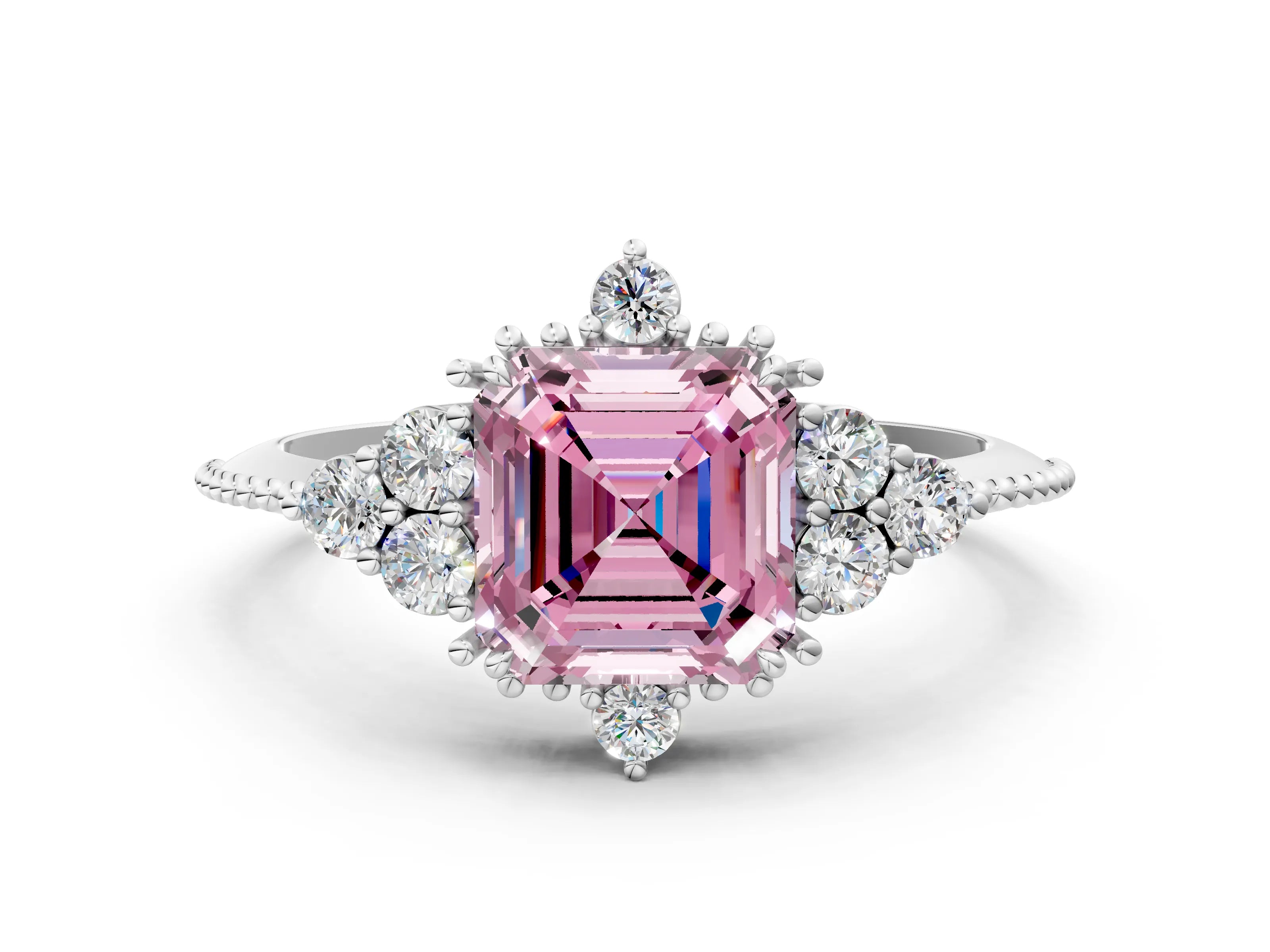 White gold Fancy Pink Asscher Cut Brilliant Diamond with Cluster Setting on a Beaded Band and Four-Prong Setting