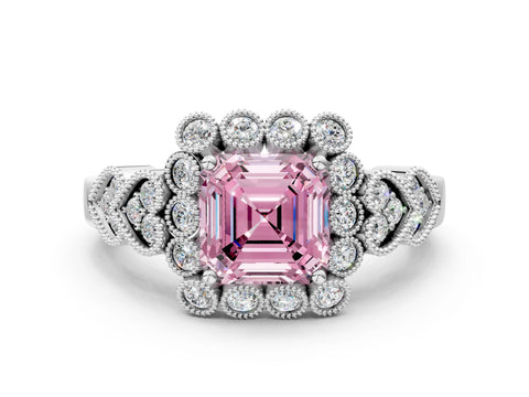 White gold Fancy Pink Asscher Cut Brilliant Milgrain Pave Heart Band Solitaire Ring_23