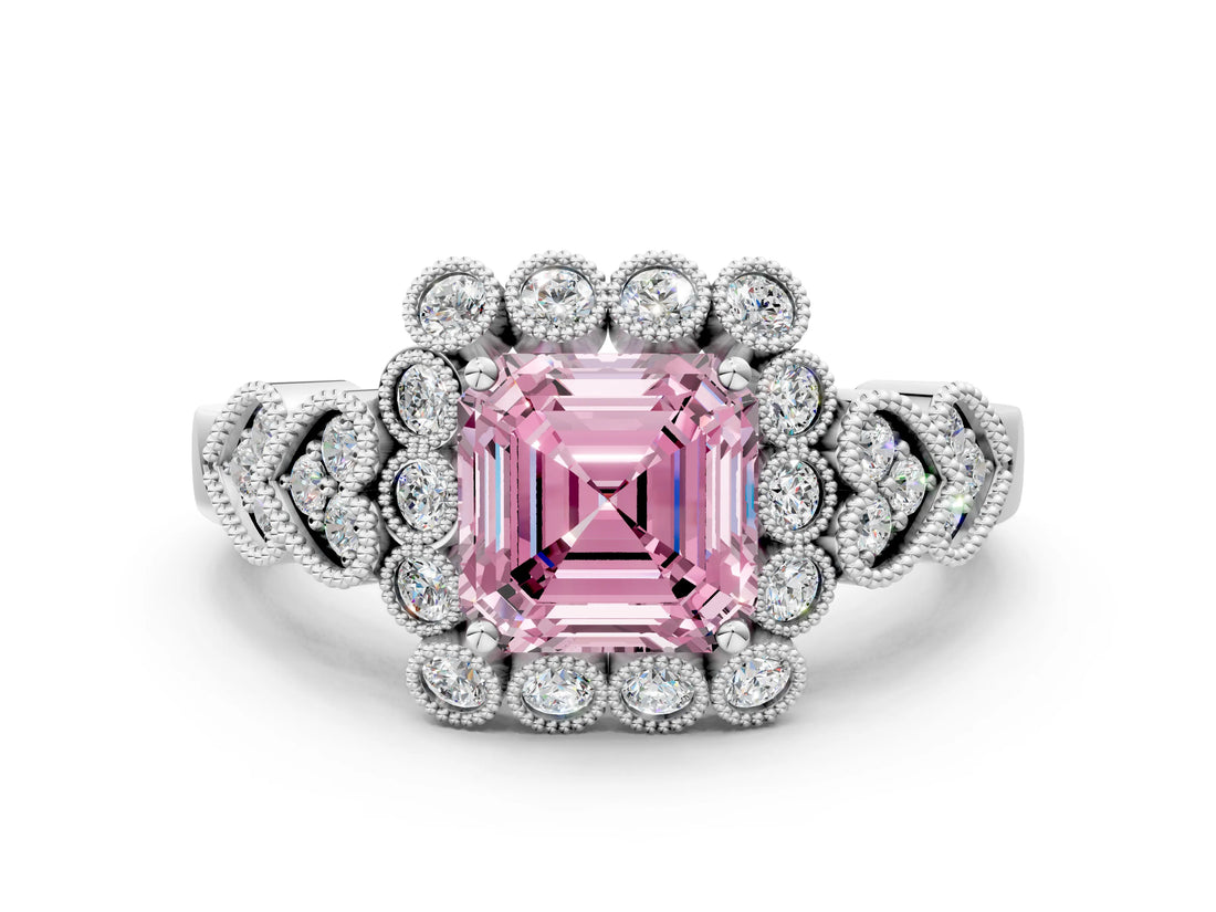White gold Fancy Pink Asscher Cut Brilliant Milgrain Pave Heart Band Solitaire Ring_24