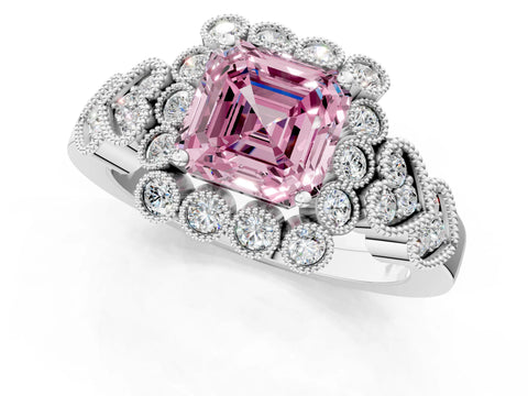 White gold Fancy Pink Asscher Cut Brilliant Milgrain Pave Heart Band Solitaire Ring_24