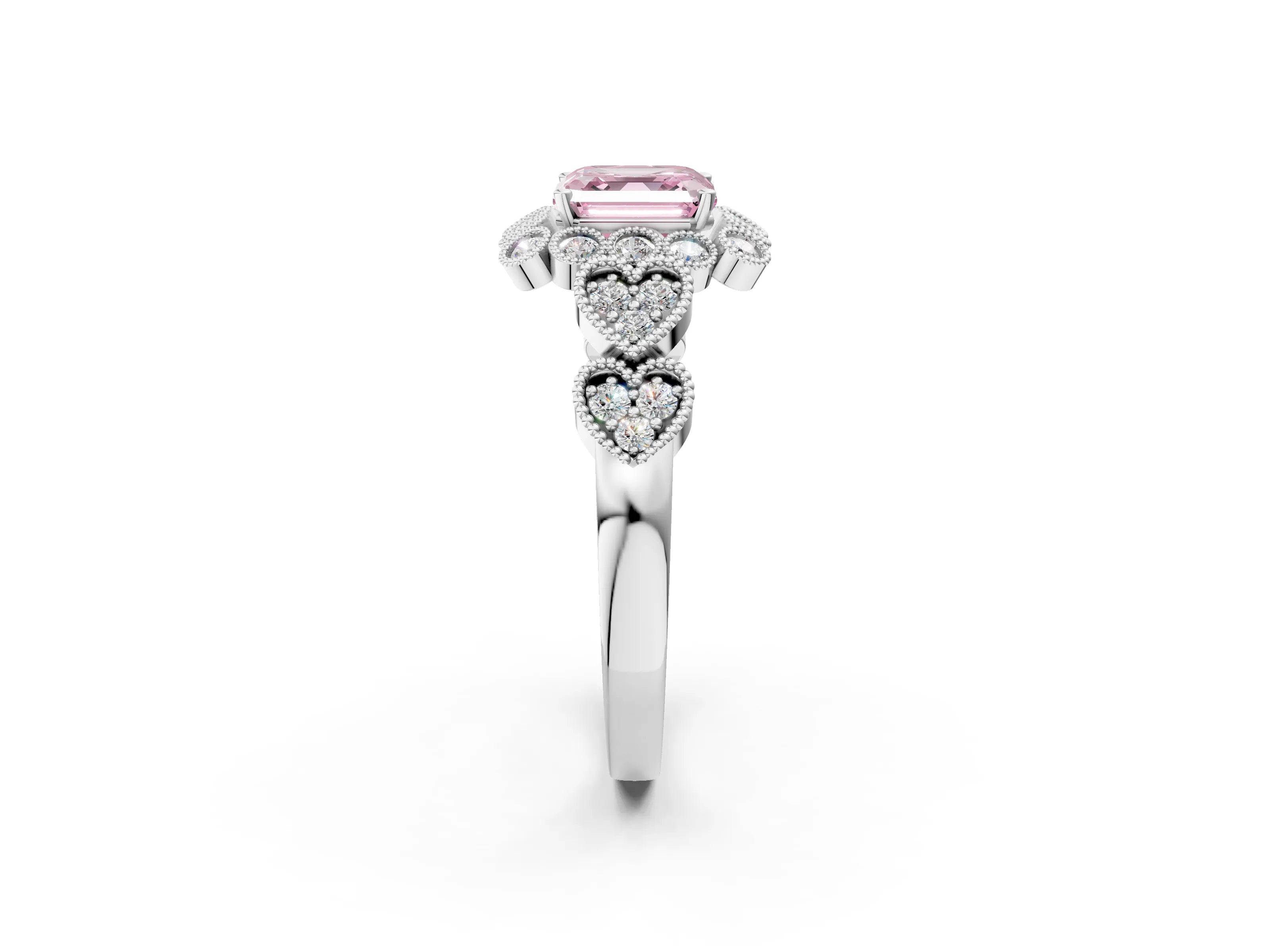White gold Fancy Pink Asscher Cut Brilliant Milgrain Pave Heart Band Solitaire Ring_26