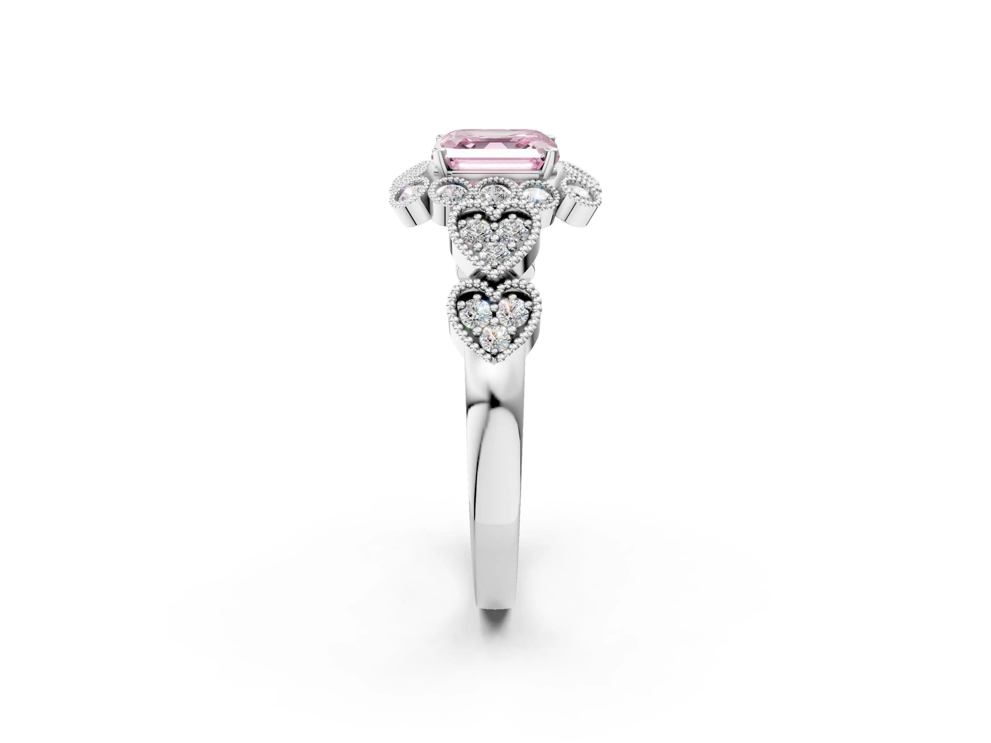White gold Fancy Pink Asscher Cut Brilliant Milgrain Pave Heart Band Solitaire Ring_2