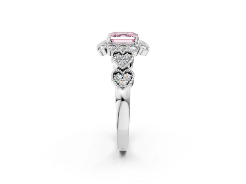 White gold Fancy Pink Asscher Cut Brilliant Milgrain Pave Heart Band Solitaire Ring_2