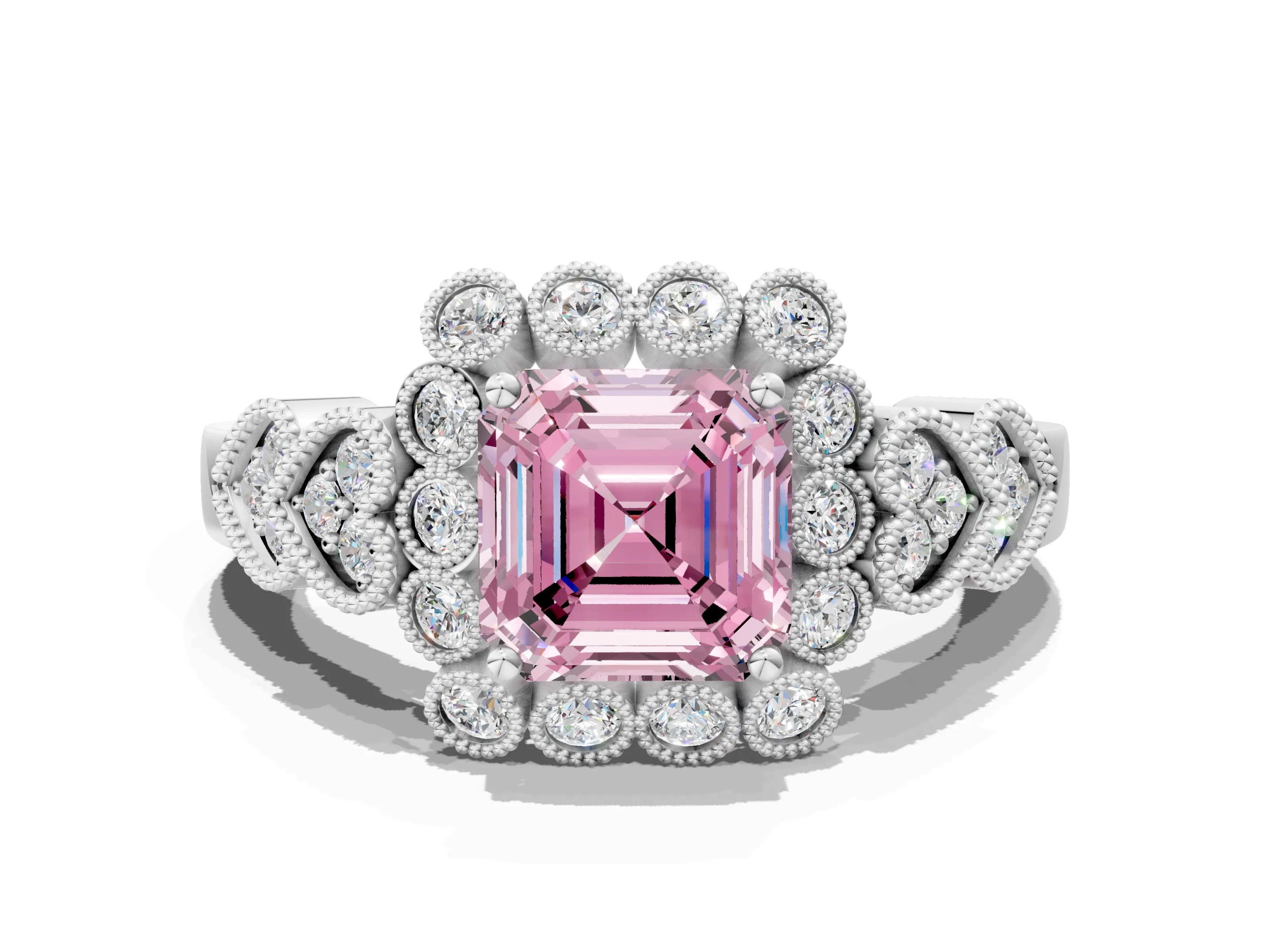 White gold Fancy Pink Asscher Cut Brilliant Milgrain Pave Heart Band Solitaire Ring_36