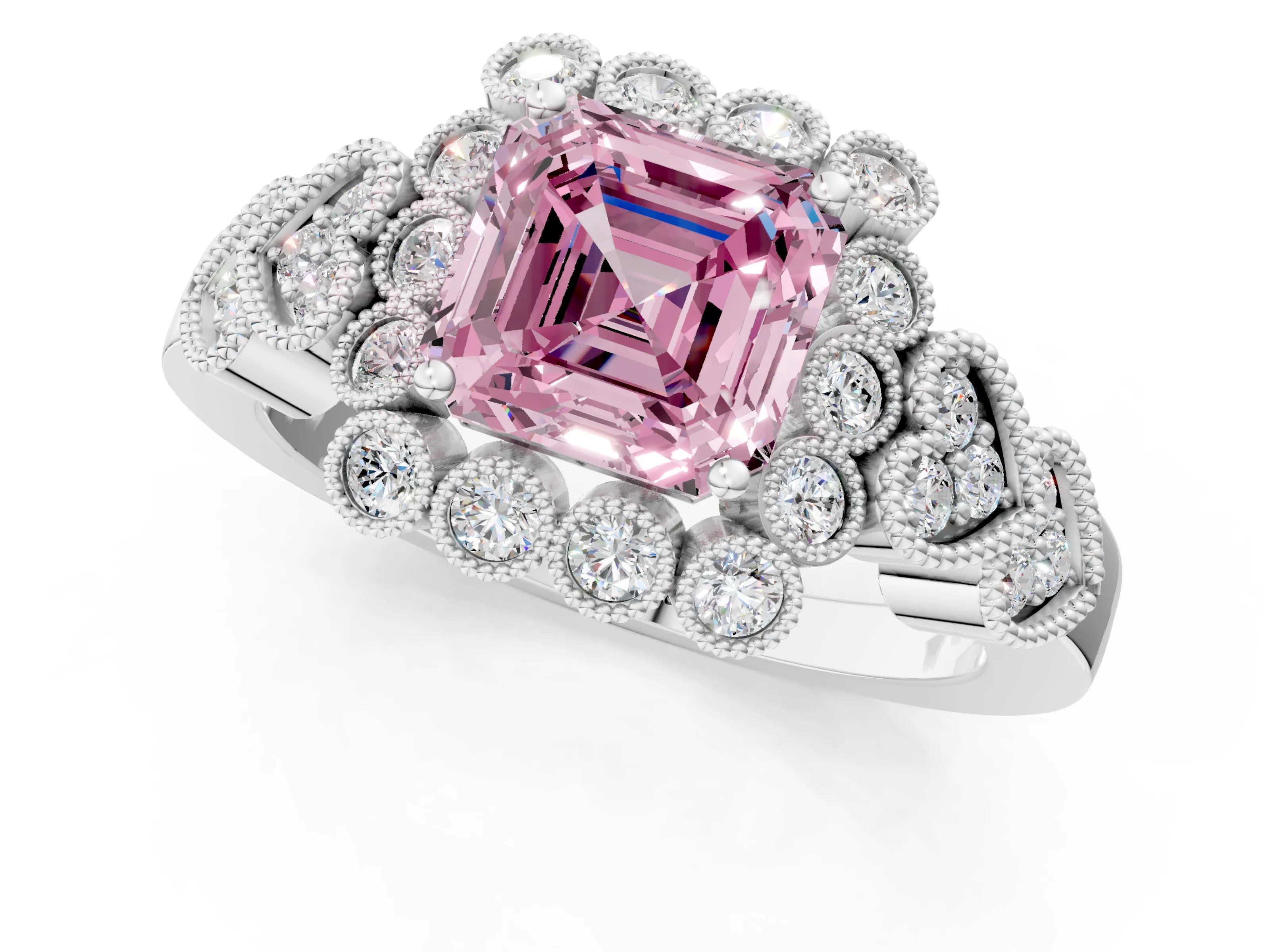 White gold Fancy Pink Asscher Cut Brilliant Milgrain Pave Heart Band Solitaire Ring_36