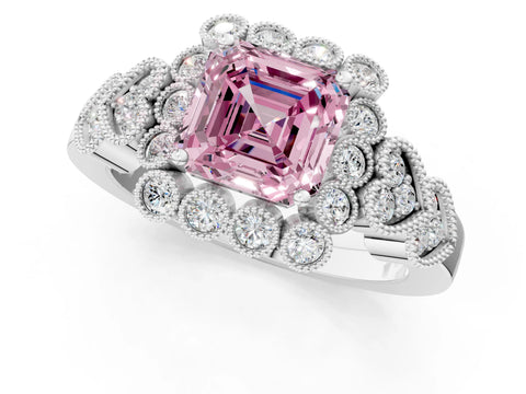 White gold Fancy Pink Asscher Cut Brilliant Milgrain Pave Heart Band Solitaire Ring_37