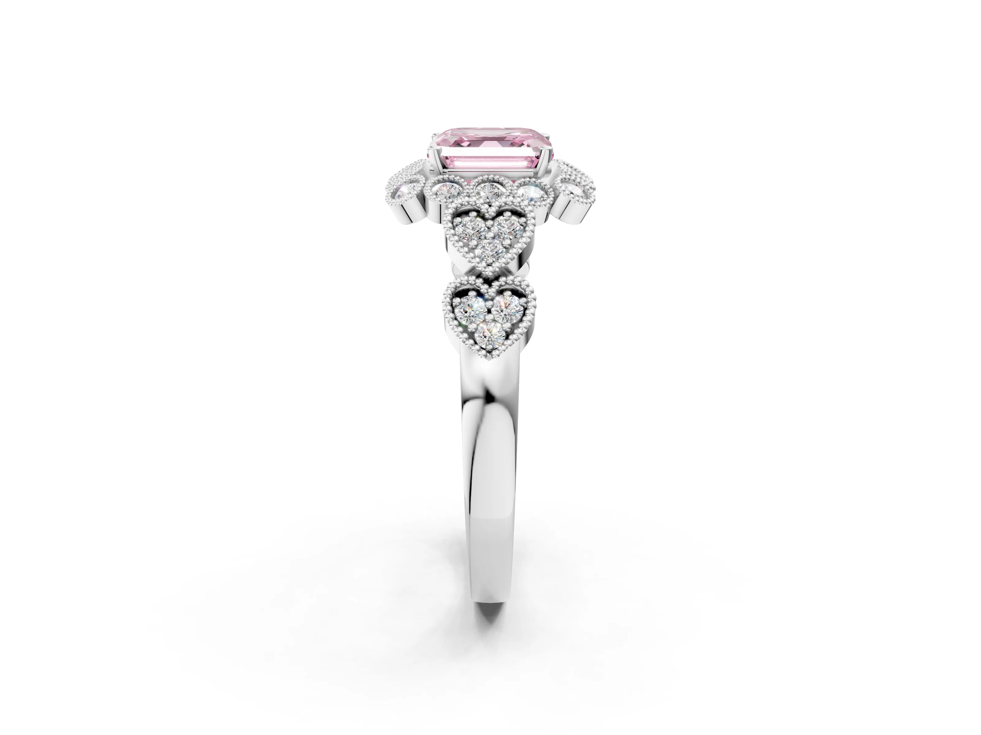 White gold Fancy Pink Asscher Cut Brilliant Milgrain Pave Heart Band Solitaire Ring_38