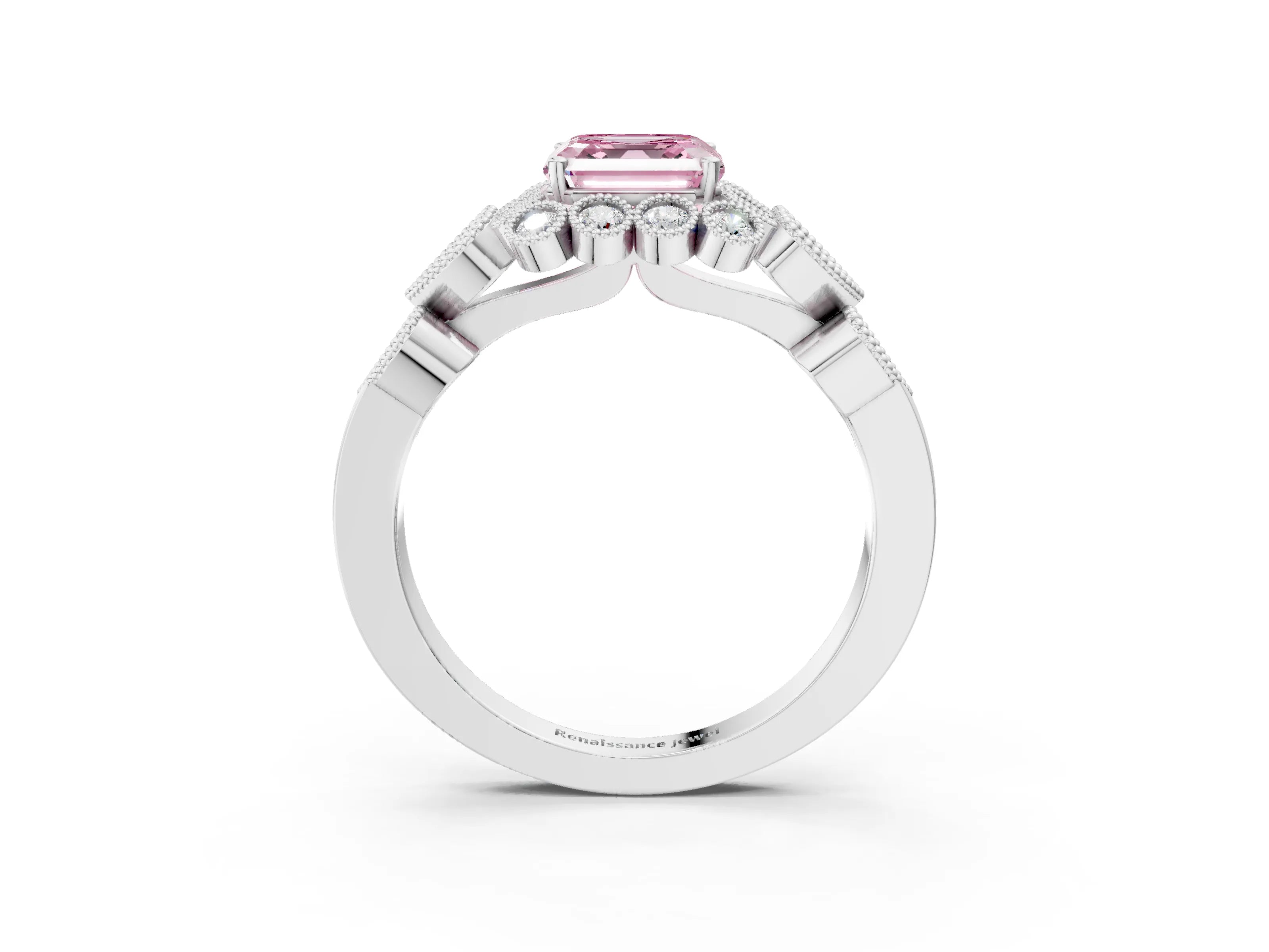 White gold Fancy Pink Asscher Cut Brilliant Milgrain Pave Heart Band Solitaire Ring_3