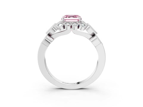 White gold Fancy Pink Asscher Cut Brilliant Milgrain Pave Heart Band Solitaire Ring_3