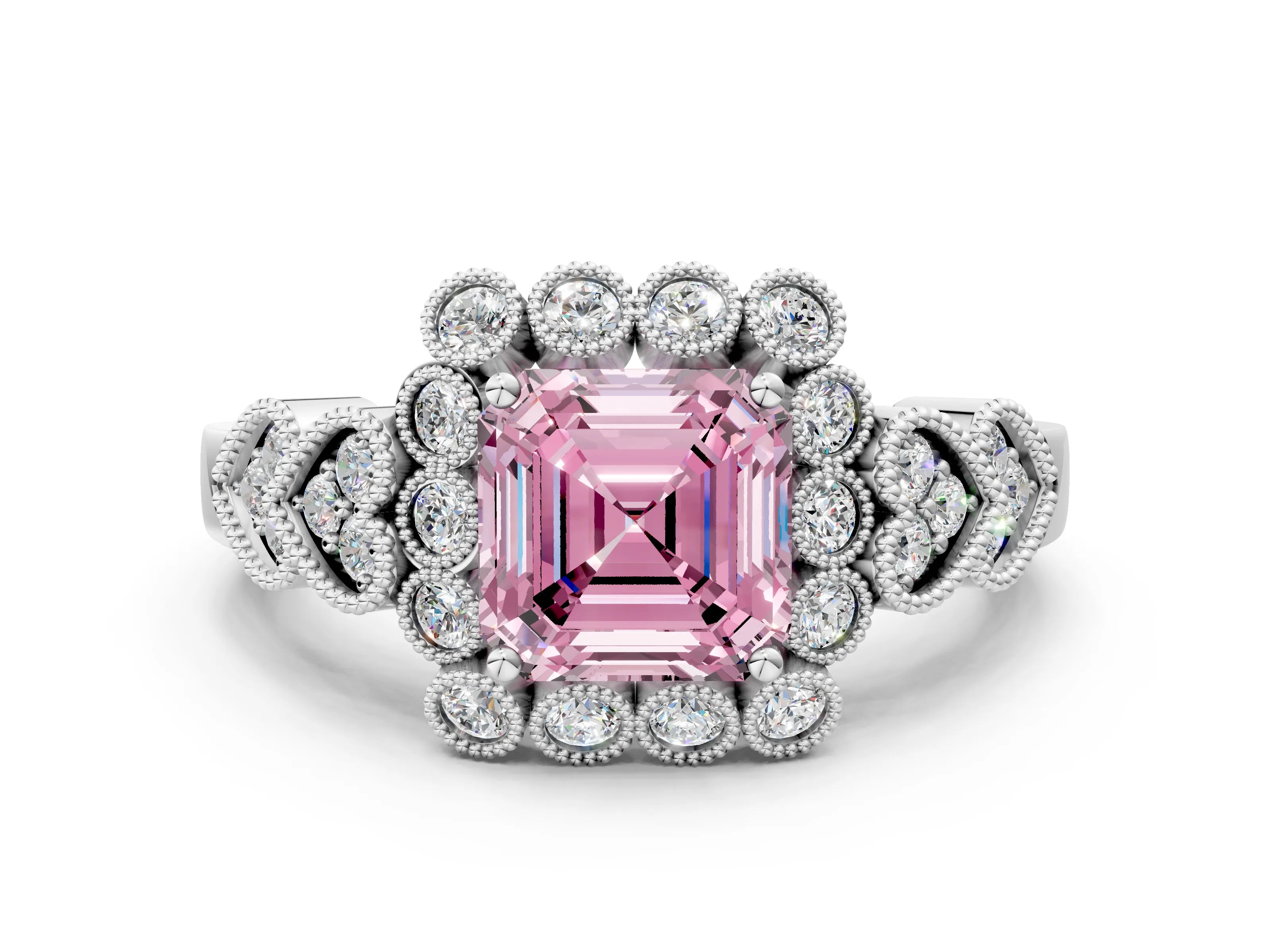 White gold Fancy Pink Asscher Cut Brilliant Milgrain Pave Heart Band Solitaire Ring