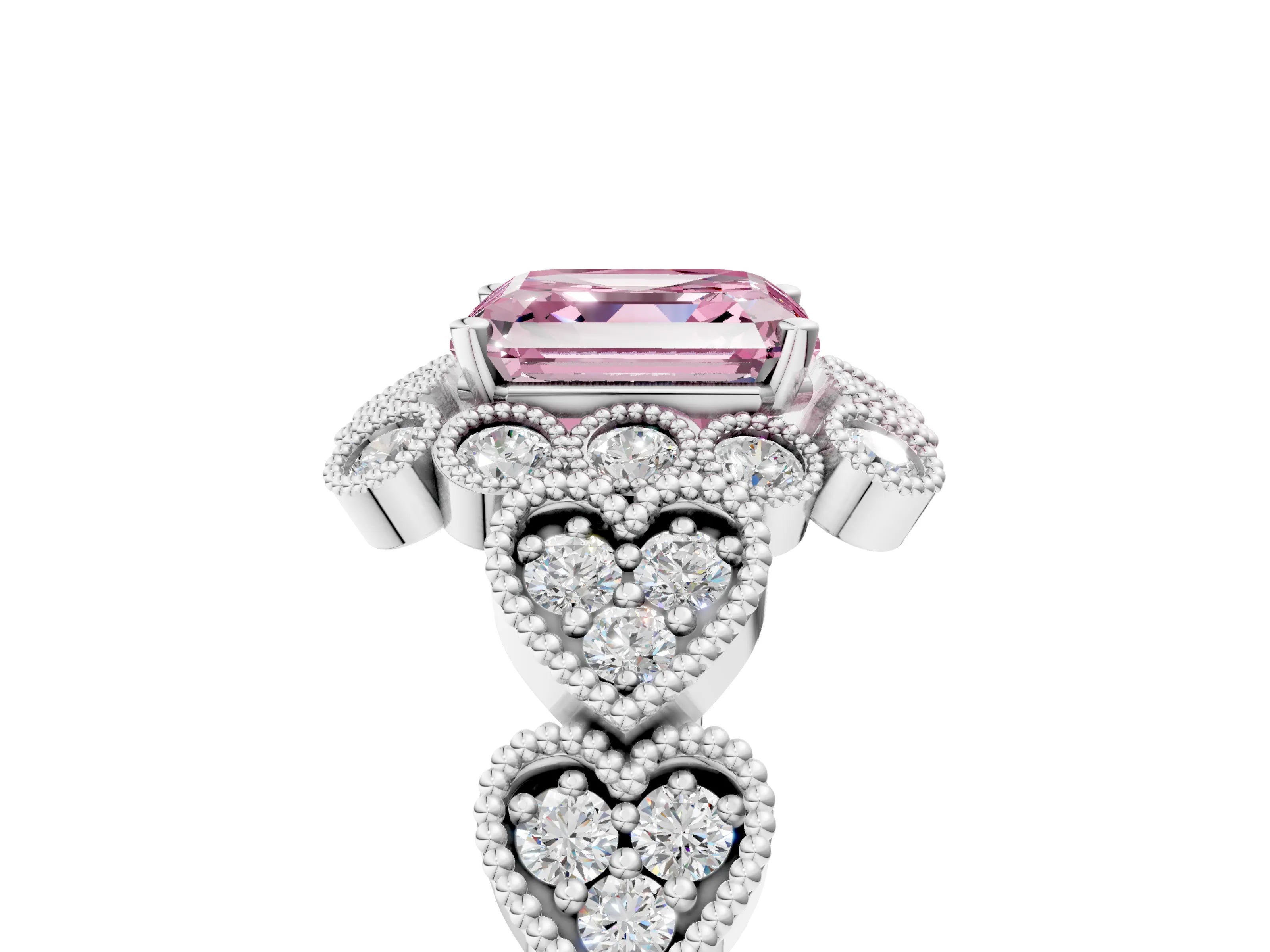 White gold Fancy Pink Asscher Cut Brilliant Milgrain Pave Heart Band Solitaire Ring_5