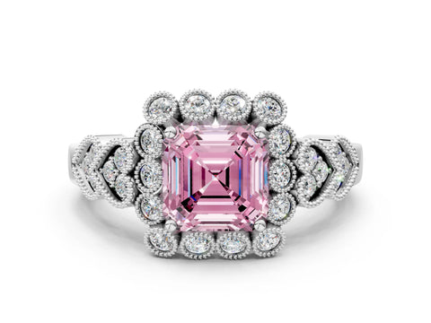 White gold Fancy Pink Asscher Cut Brilliant Milgrain Pave Heart Band Solitaire Ring