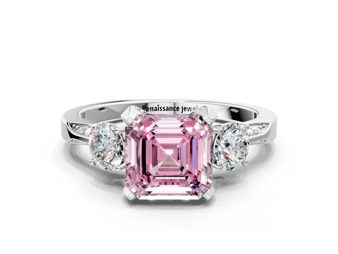 White gold Fancy Pink Asscher Cut Brilliant Three-Stone Diamond Ring with Pavé Band and Four-Prong Setting_15