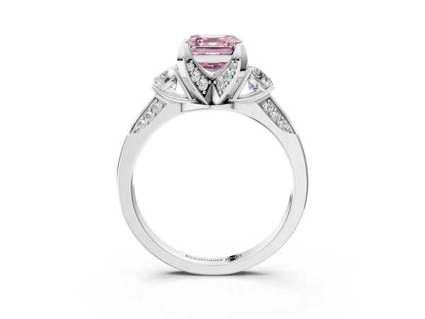 Platinum Asscher Cut Three Stone Hidden Halo Engagement Ring Setting for Fancy Pink Center