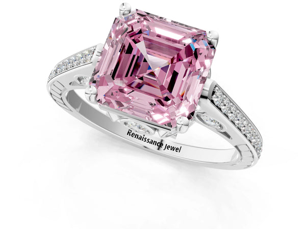 Platinum Asscher Cut Cathedral Engagement Ring Setting for Fancy Pink Center with Pave Shoulders