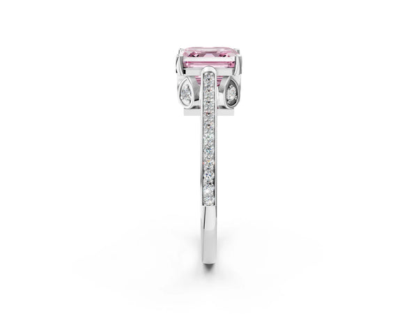 Platinum Asscher Cut Cathedral Engagement Ring Setting for Fancy Pink Center with Pave Shoulders
